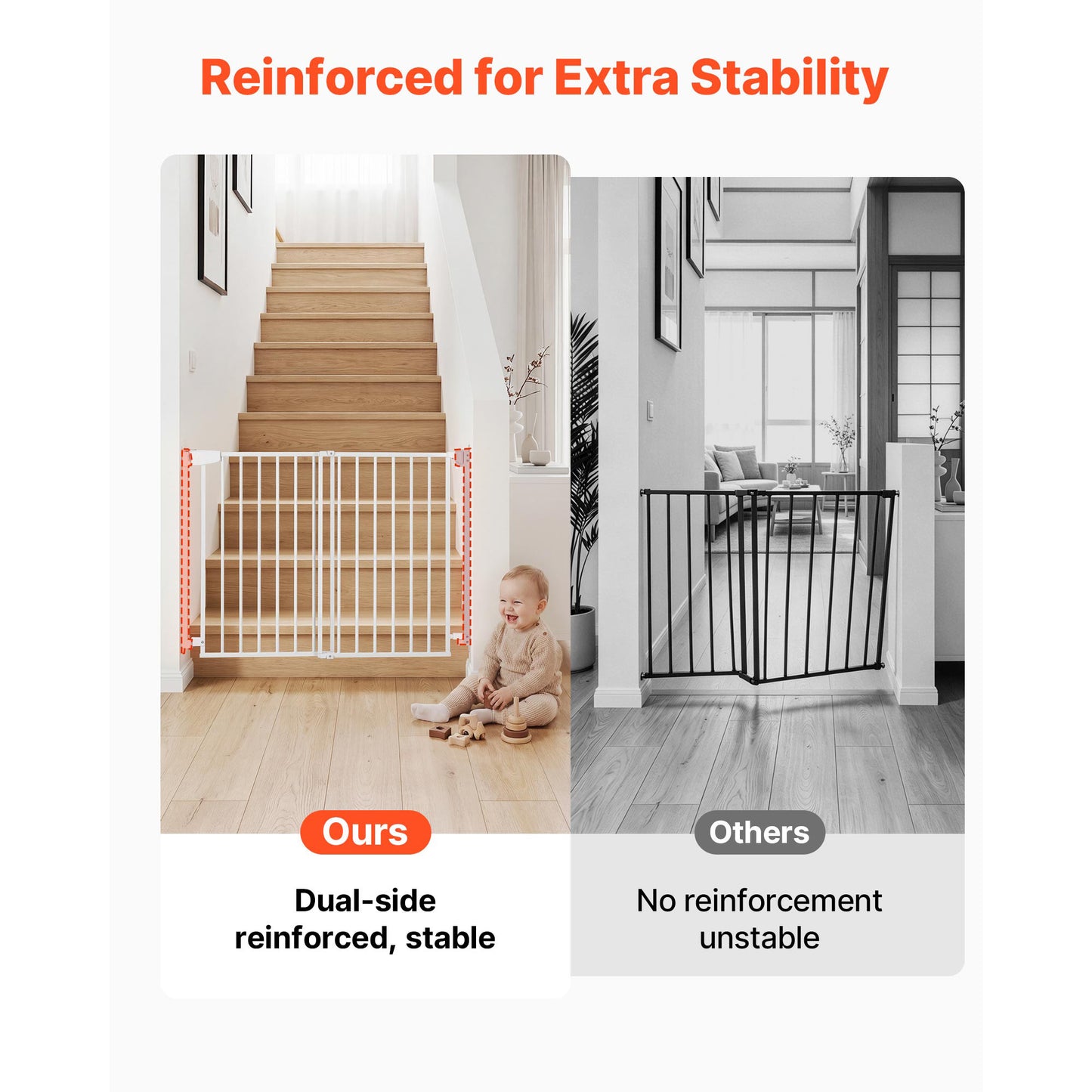 Adjustable Baby Gate for Stairs and Doorways, No Bottom Bar, One-Hand Operation, Easy Installation, White