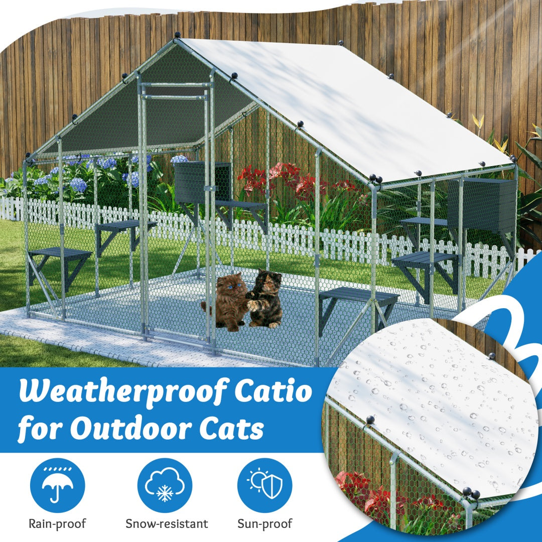 Outdoor Metal Cat Cage 3x2m with Solid Wood Platform Waterproof Tarp Safety Lock