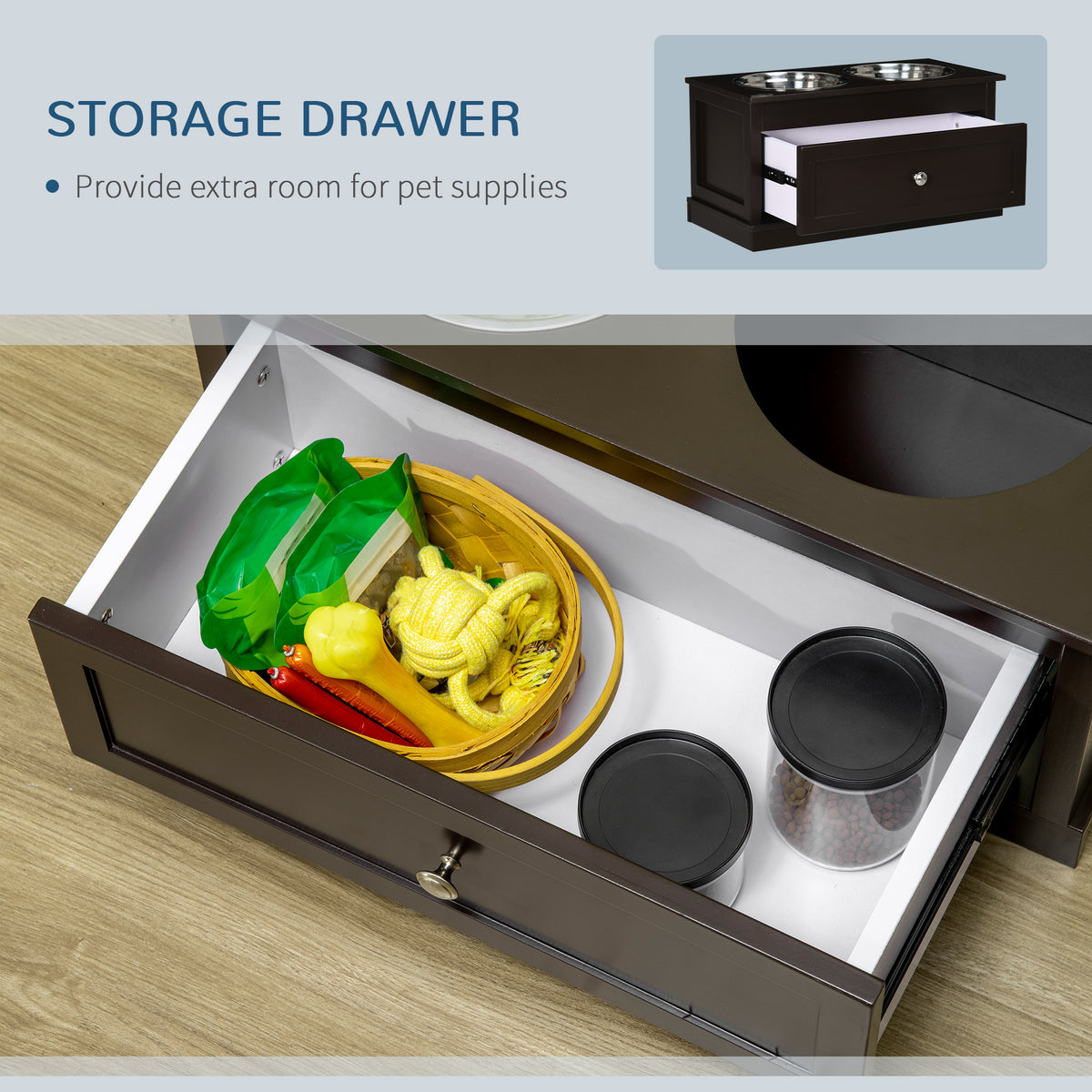 Elevated Dog Food Bowls with Storage Drawer - Large Pet Feeder Stand, Brown