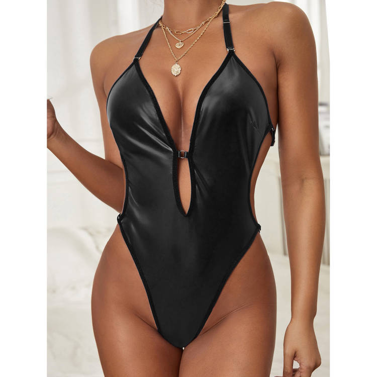 Women's Black Patent Leather Halter Bodysuit - Fashion & Elegant Fit