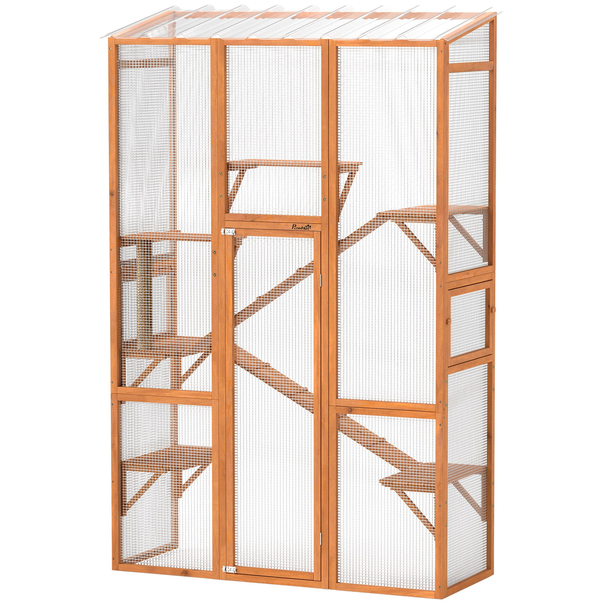 Large Outdoor Wooden Cat Enclosure with Platforms, Ramps & Scratching Post
