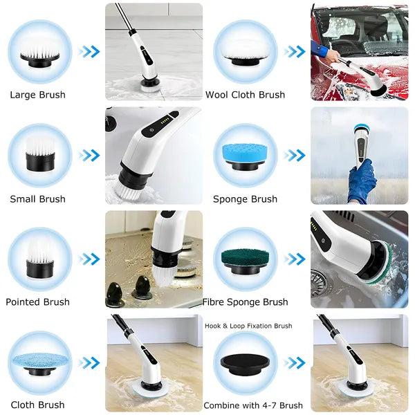 Electric Spin Scrubber Cordless Cleaning Brush with 8 Replacement Heads & Adjustable Extension