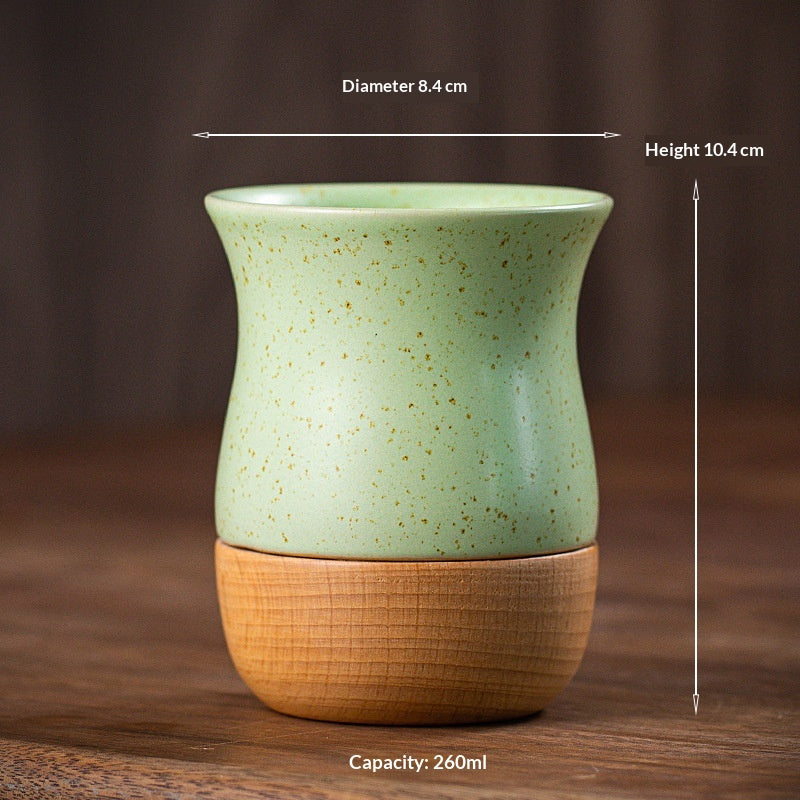 Retro Solid Wood Base Stoneware Coffee Mug 260ml - Multiple Colors