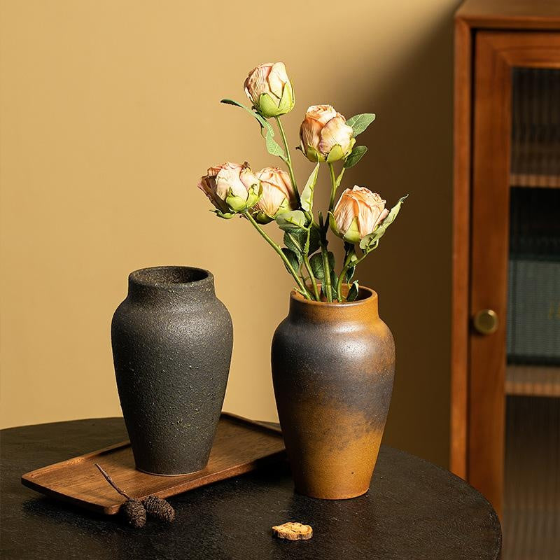 Retro Black Stoneware Handmade Ceramic Vase for Hydroponic Flowers - Table Decor