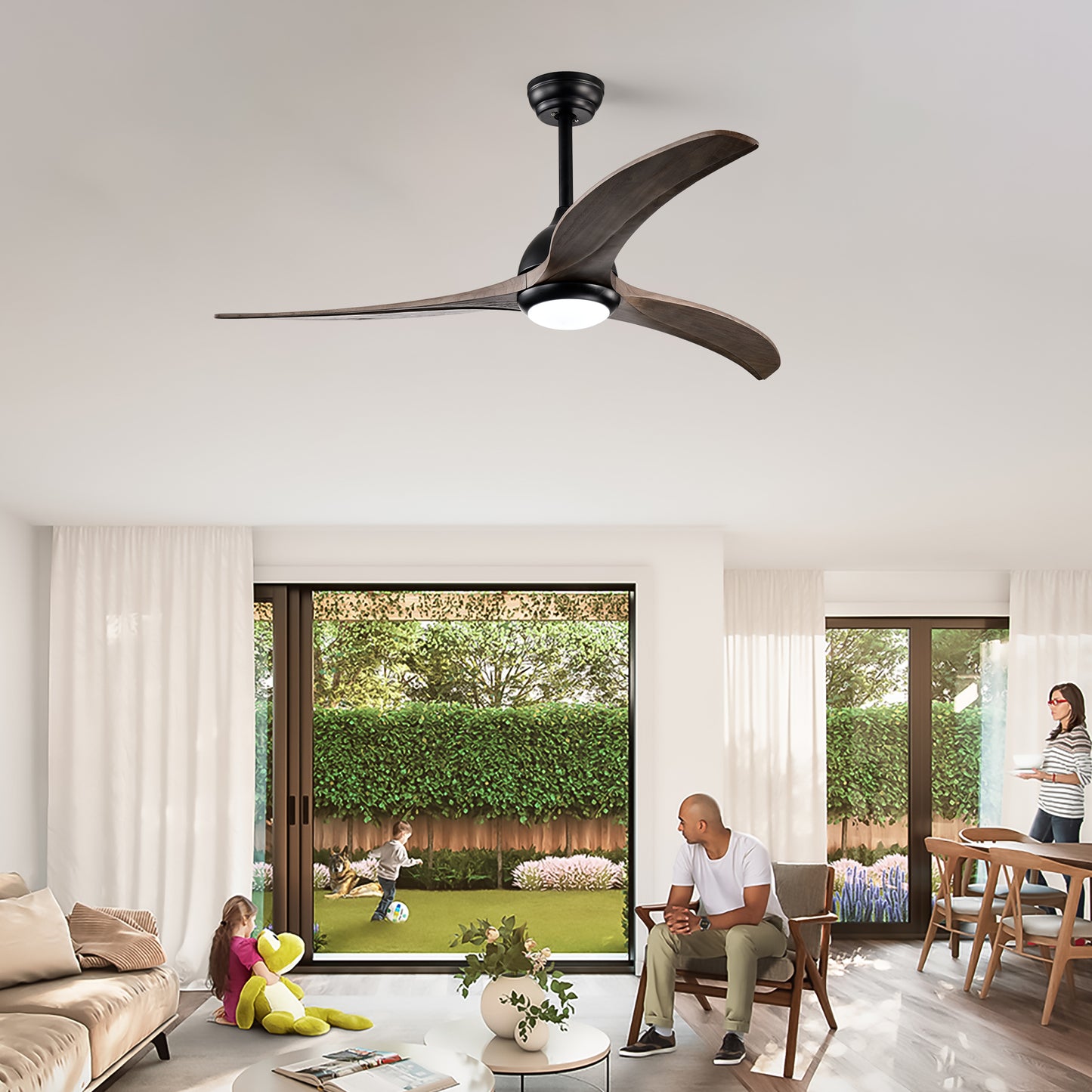 52-Inch Solid Wood Blades Ceiling Fan with Light & Remote Control - Matte Black