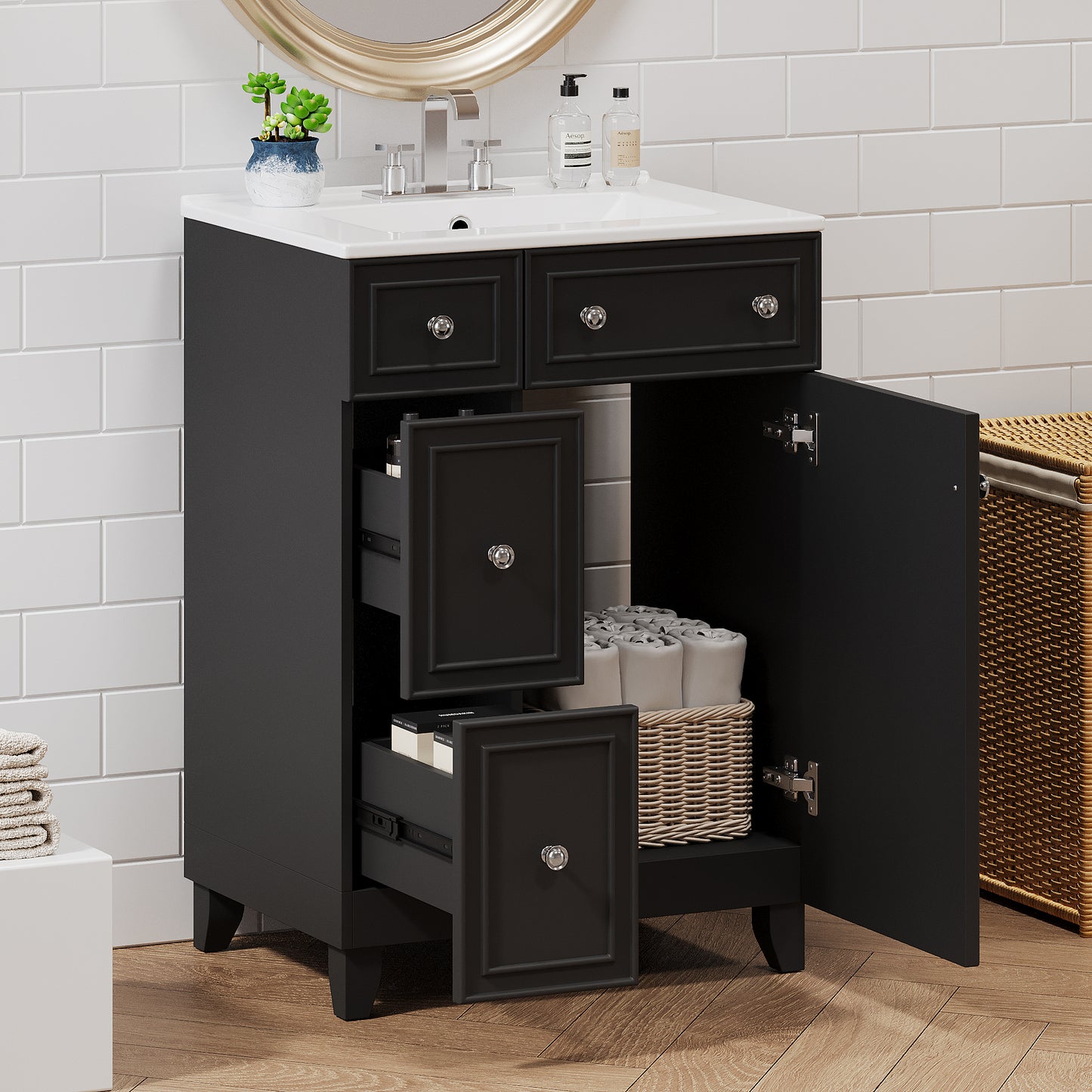 24-Inch Black Bathroom Vanity Cabinet with Ceramic Sink, 2 Drawers