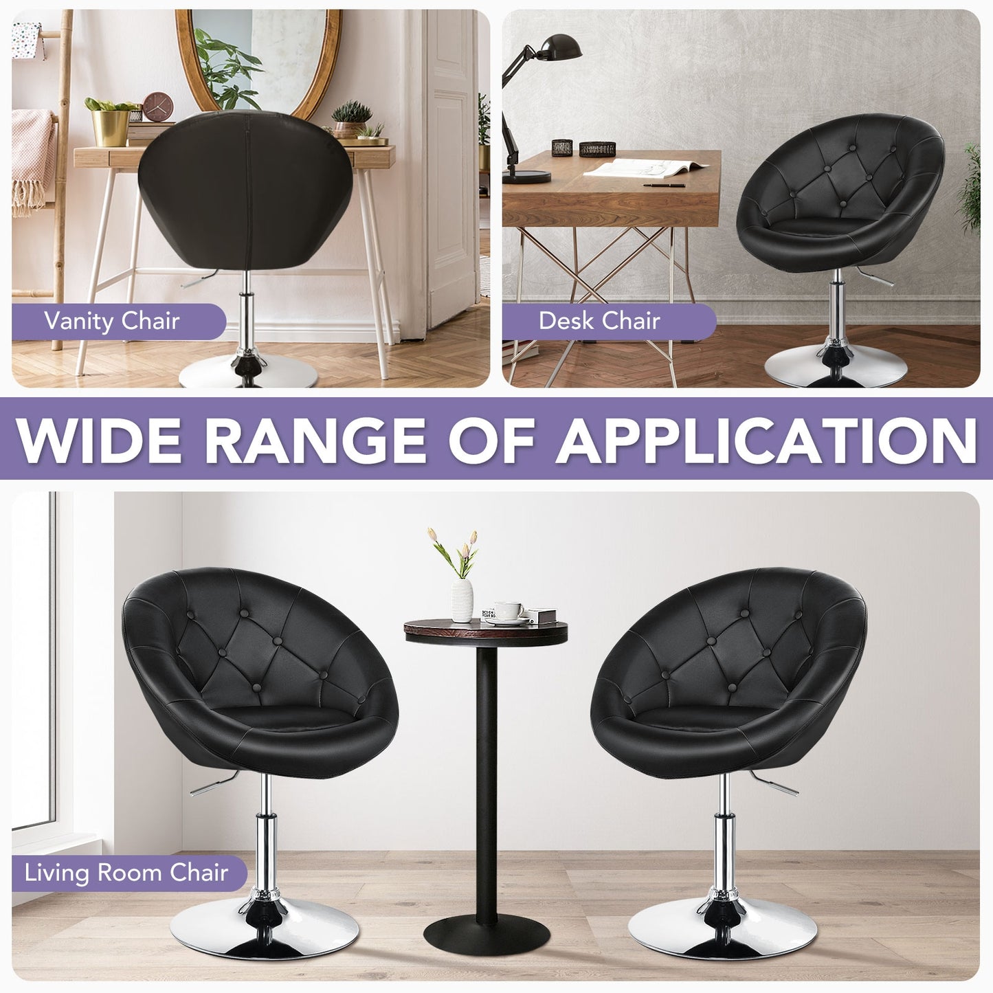Adjustable Swivel Round Accent Chair - Black PU Leather