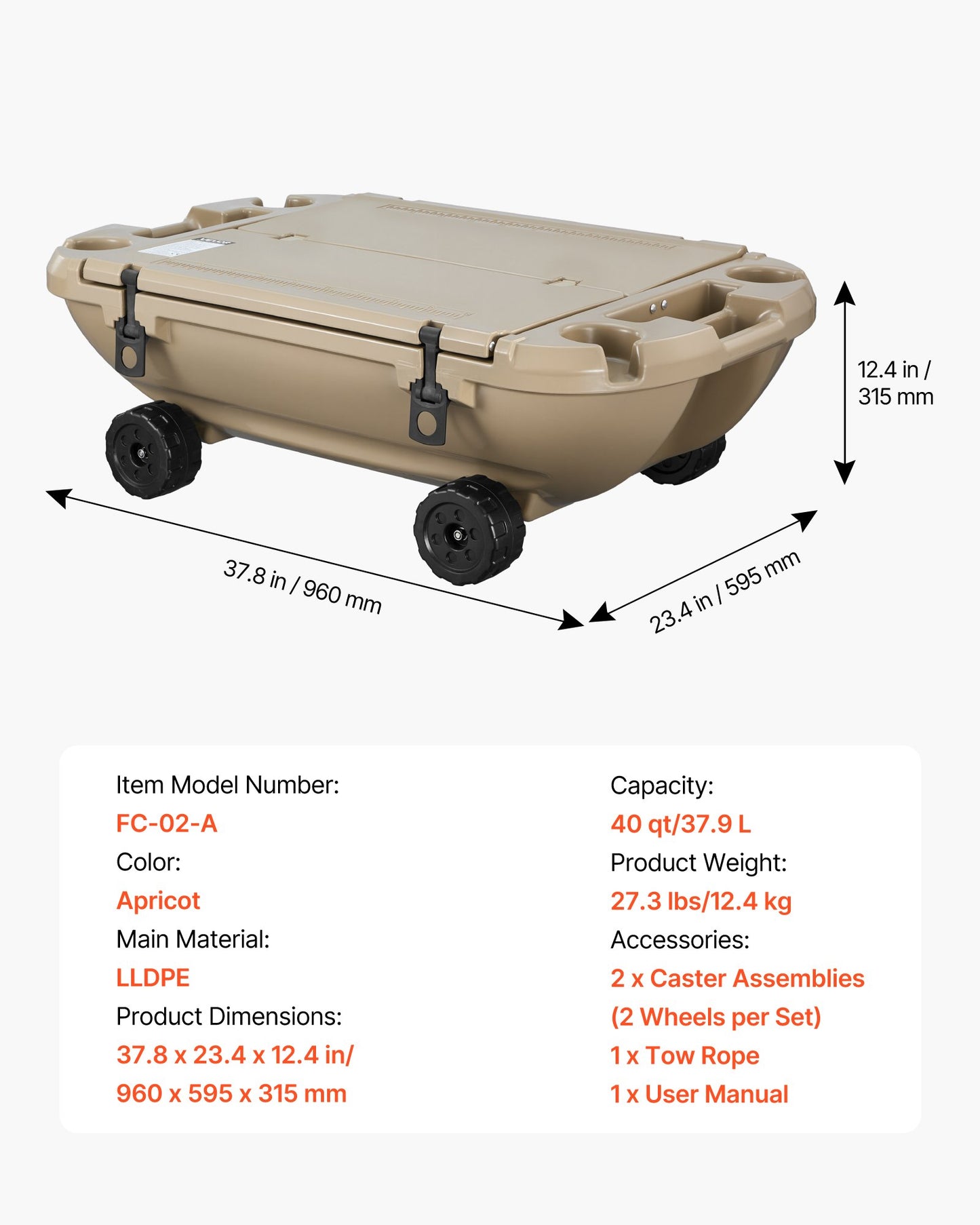Floating Cooler 40 QT Ice Chest with Wheels & Tow Rope for Lake & Pool