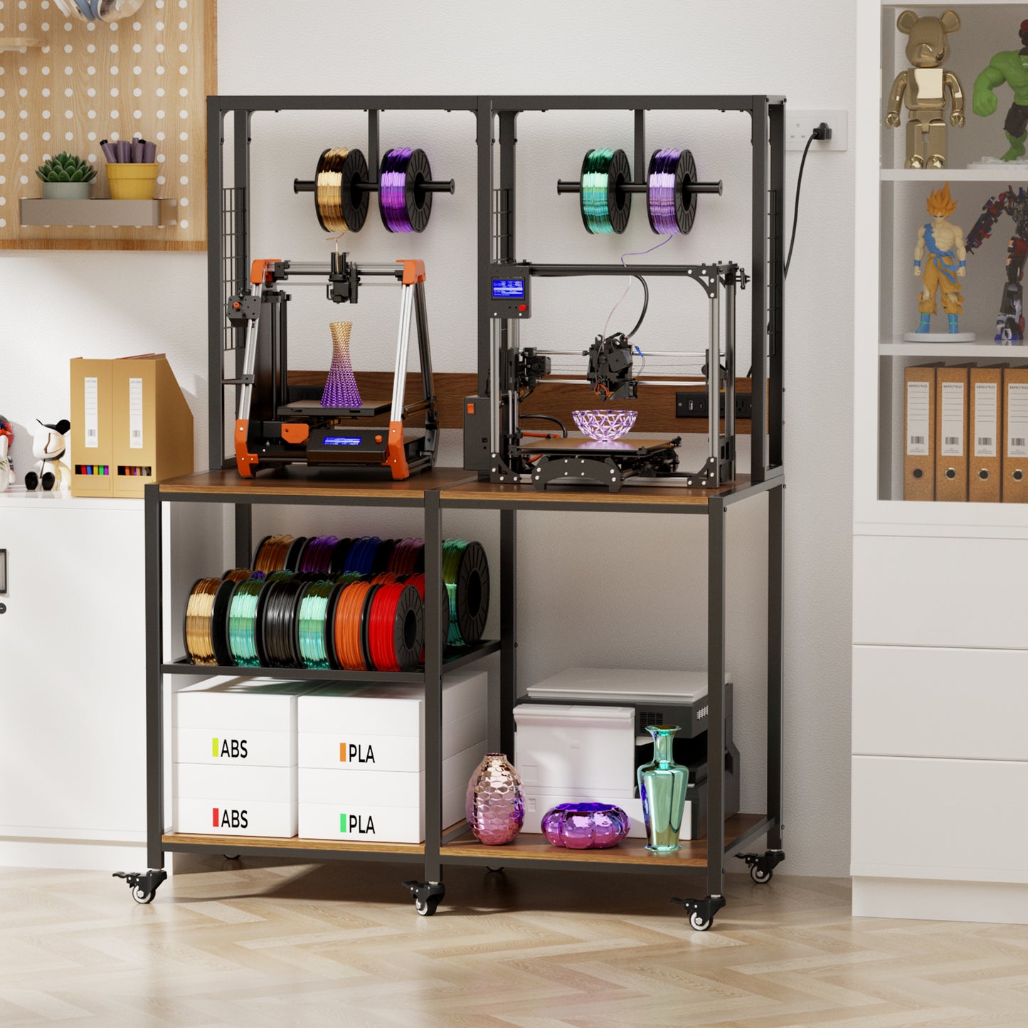 Double 3D Printer Stand with Filament Storage - Heavy-Duty Metal Frame, Lockable Wheels, Mobile or Fixed Use - Black