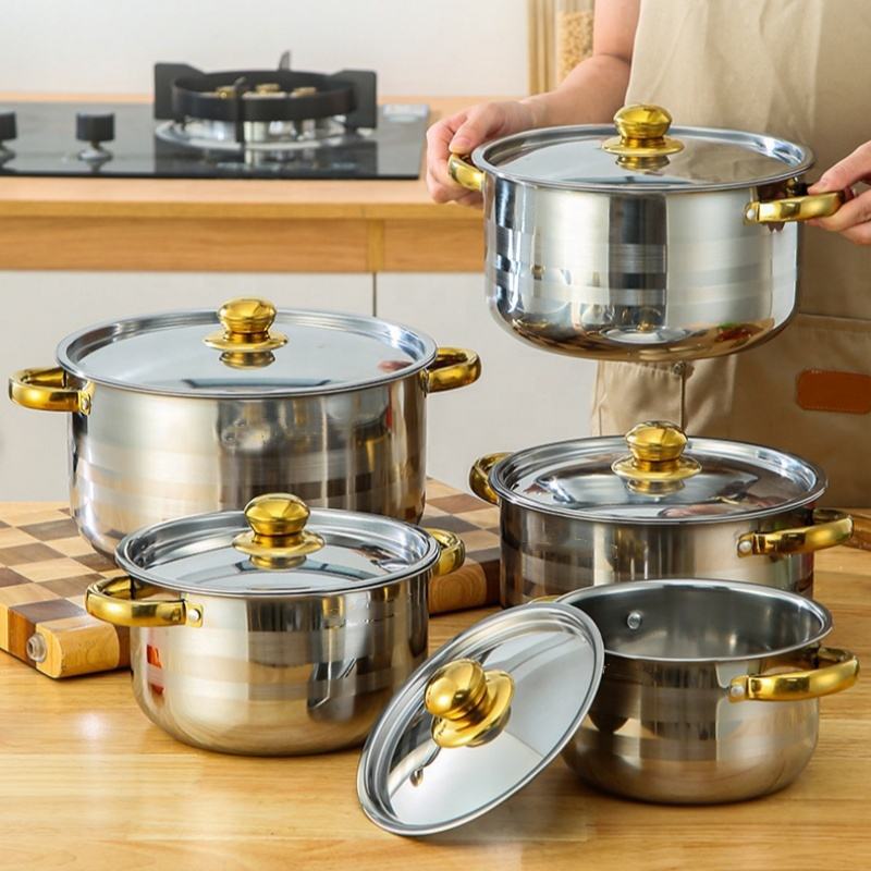 Stainless Steel Gold Handle Pot Set 18-26cm Kitchen Cookware 5-Piece