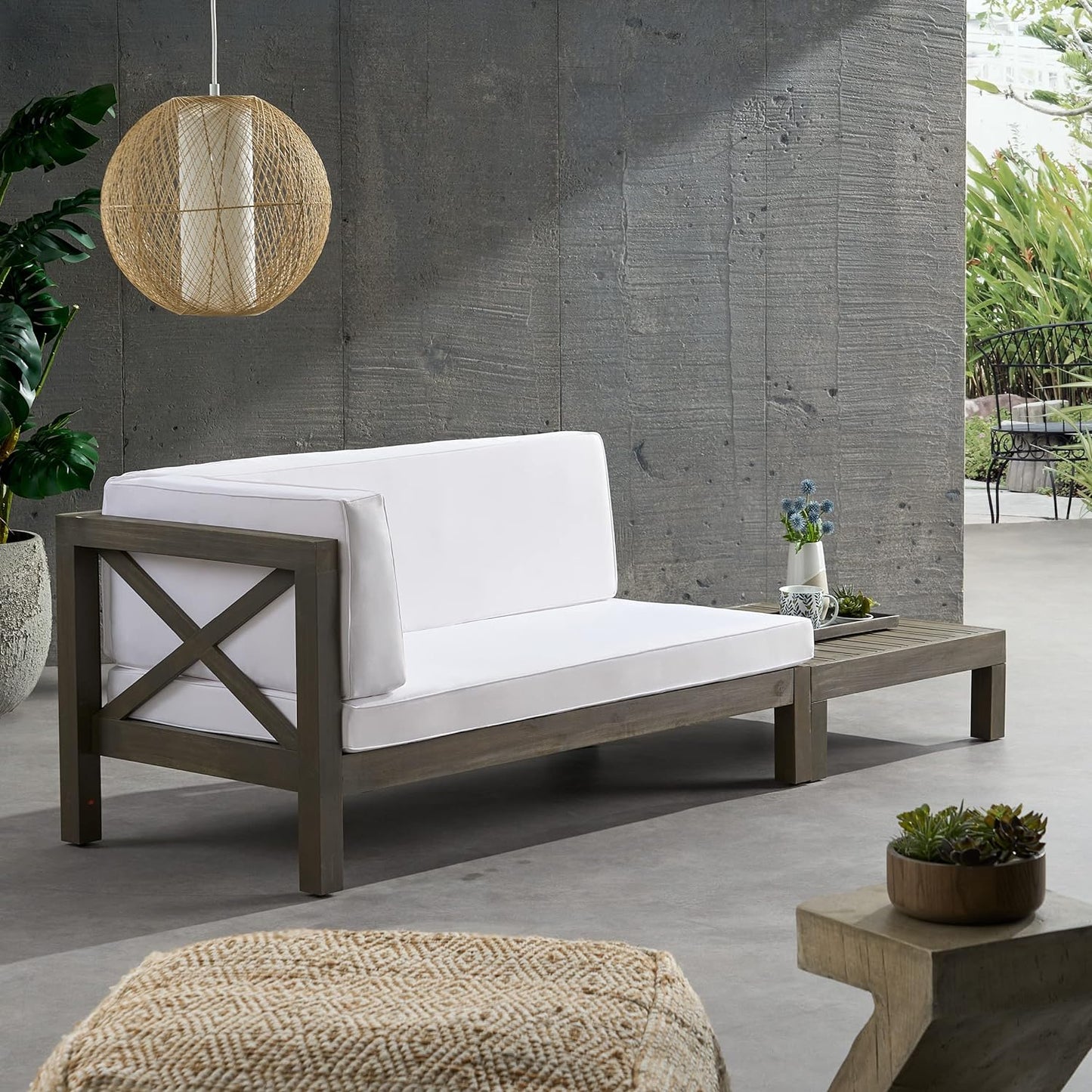 Acacia Wood X-Back Corner Bench with Coffee Table - White