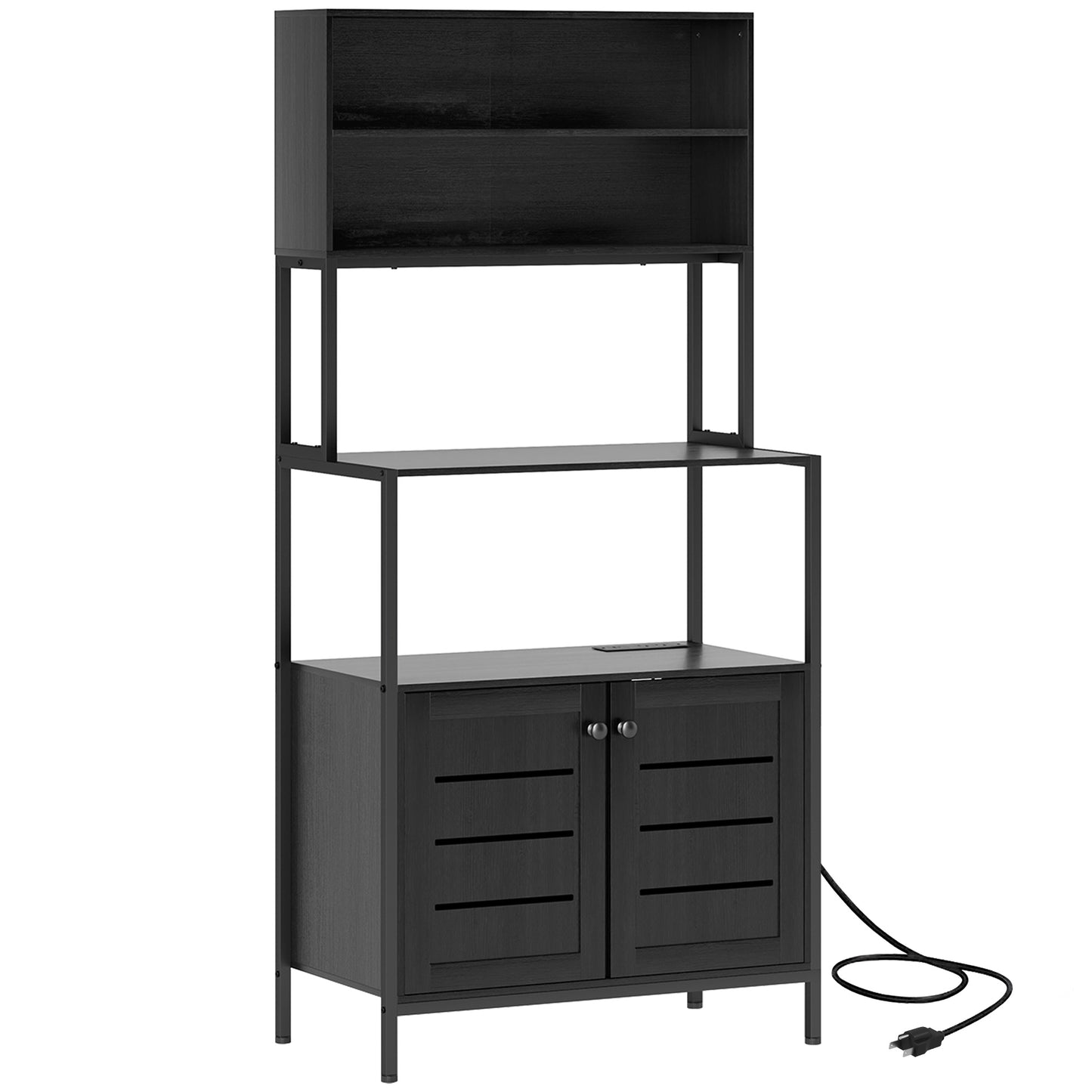 Baker's Rack with Power Outlet & Storage Shelves - Black