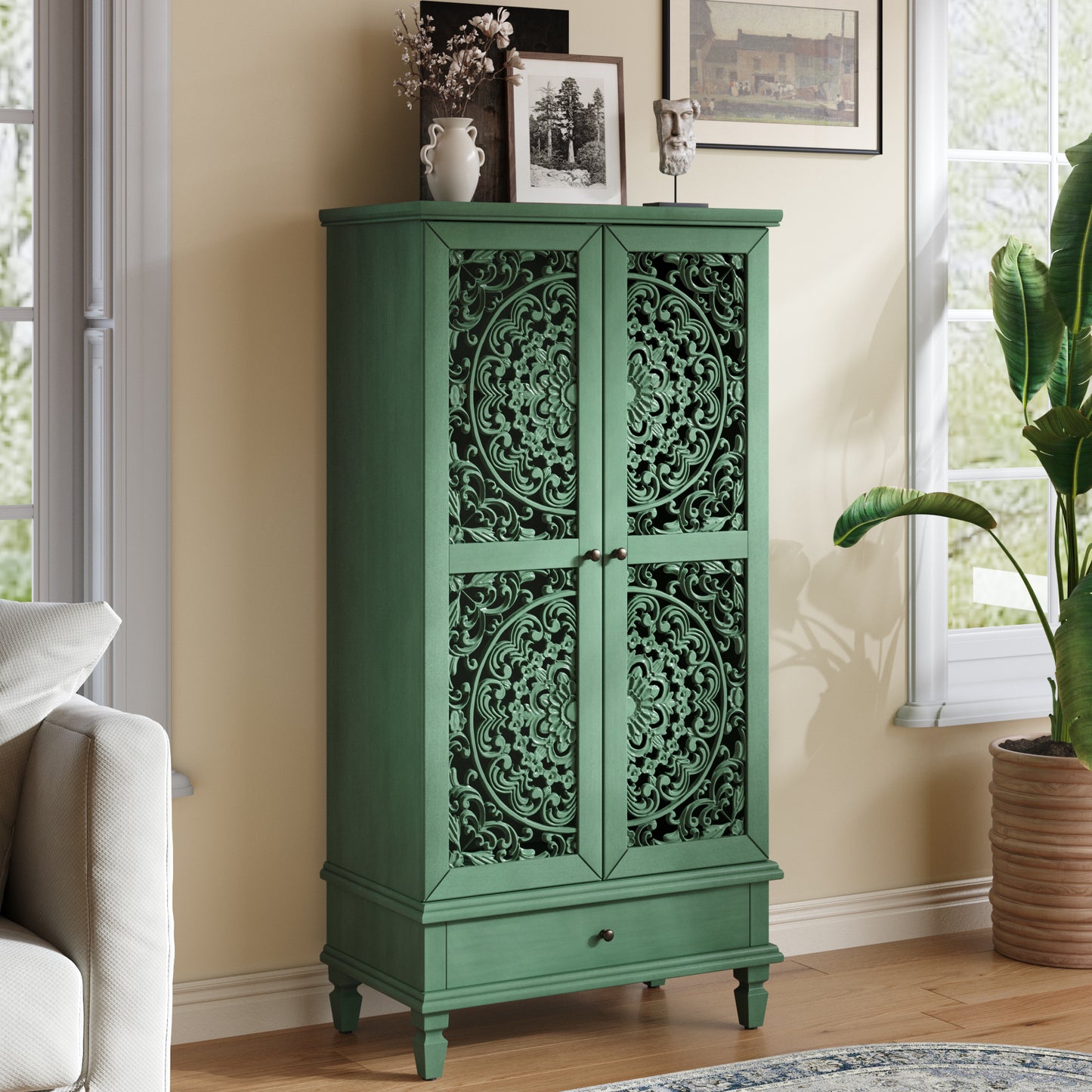 Rustic 55" Tall Storage Cabinet with Drawer - Antique Green