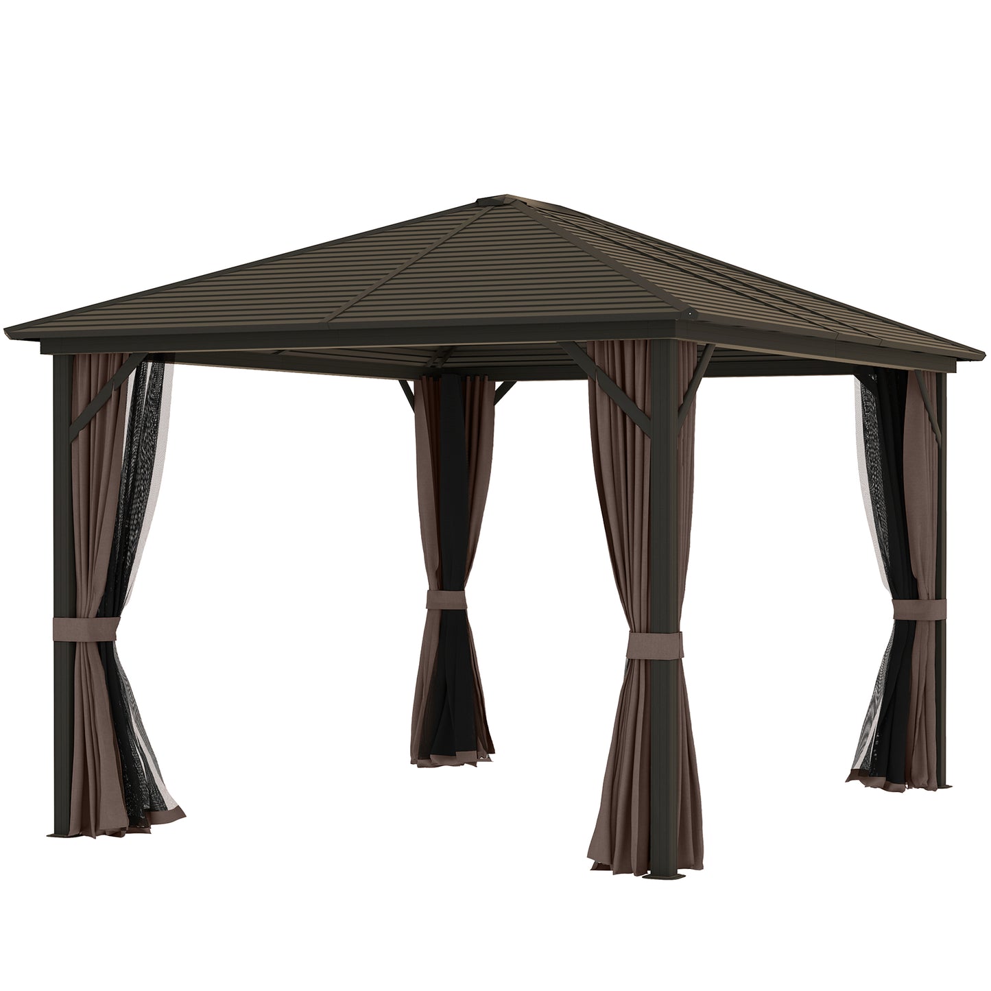 12' x 10' Hardtop Gazebo with Curtains & Netting - Coffee