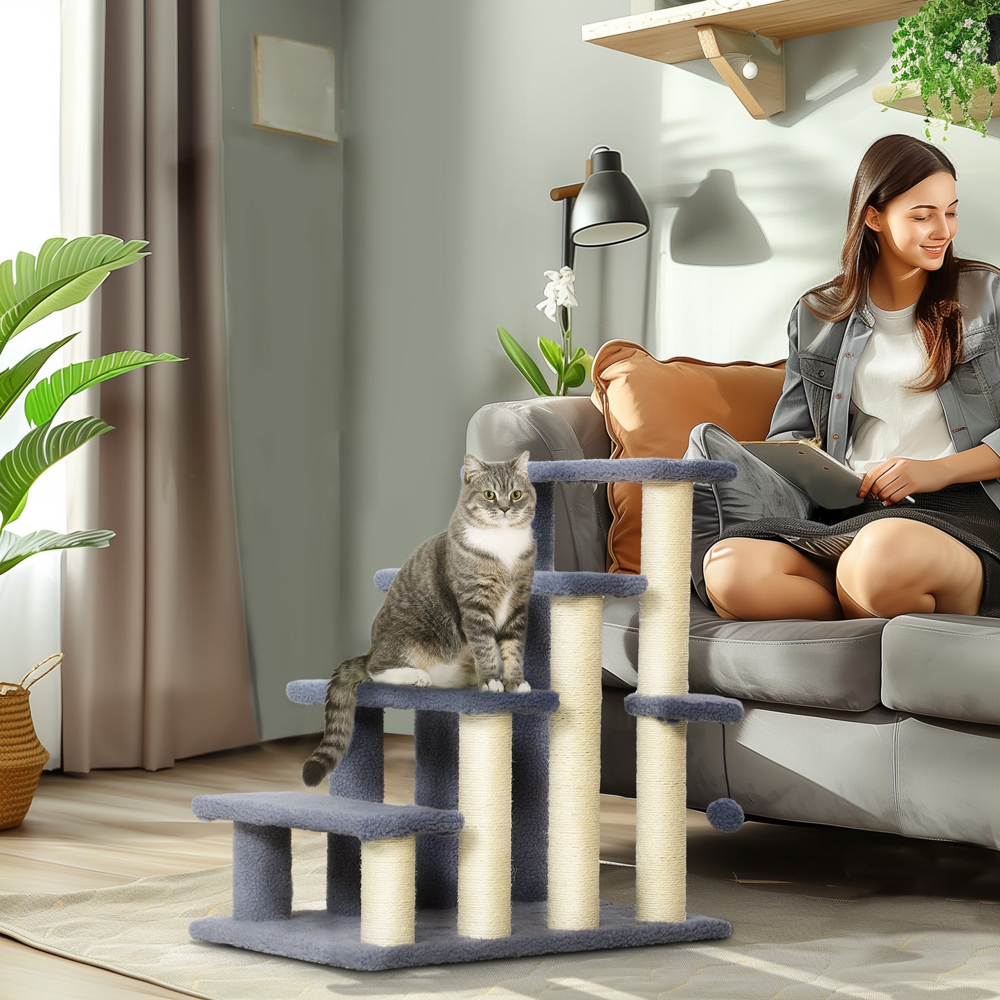 Cat Steps with Scratching Posts for High Beds & Sofas - Gray, 4 Levels