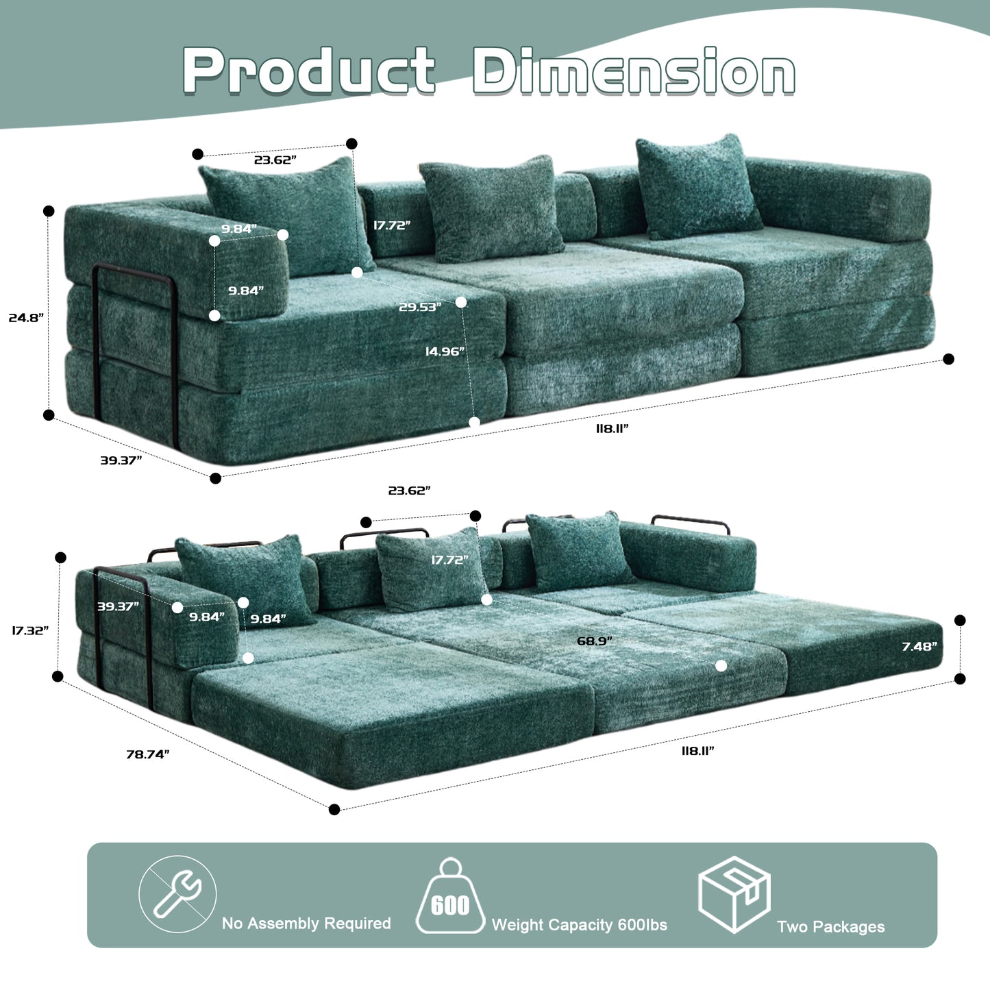 Convertible Floor Sofa Bed - Dark Green Chenille Fabric