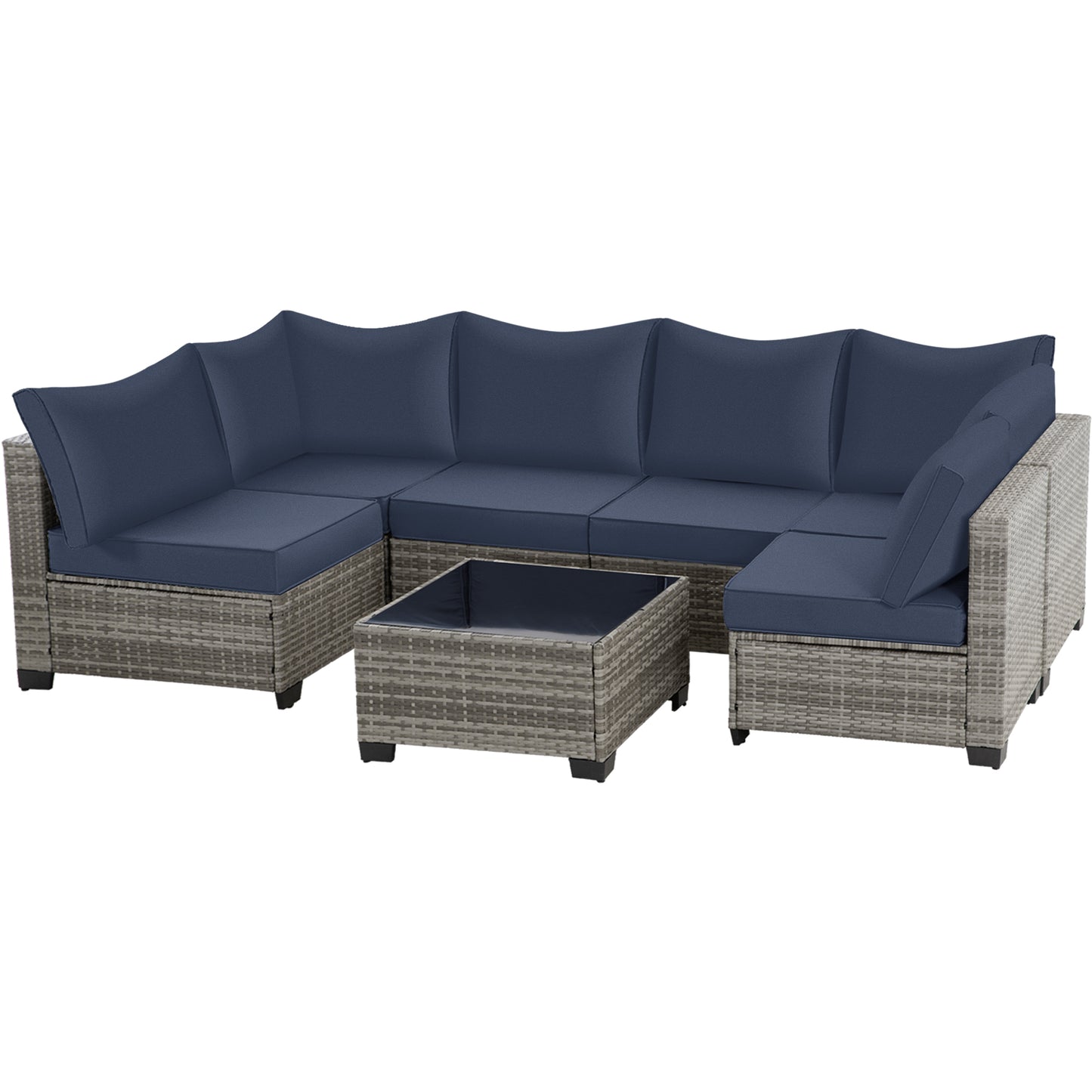 7-Piece All-Weather Wicker Patio Sofa Set with Cushions - Grey-Blue