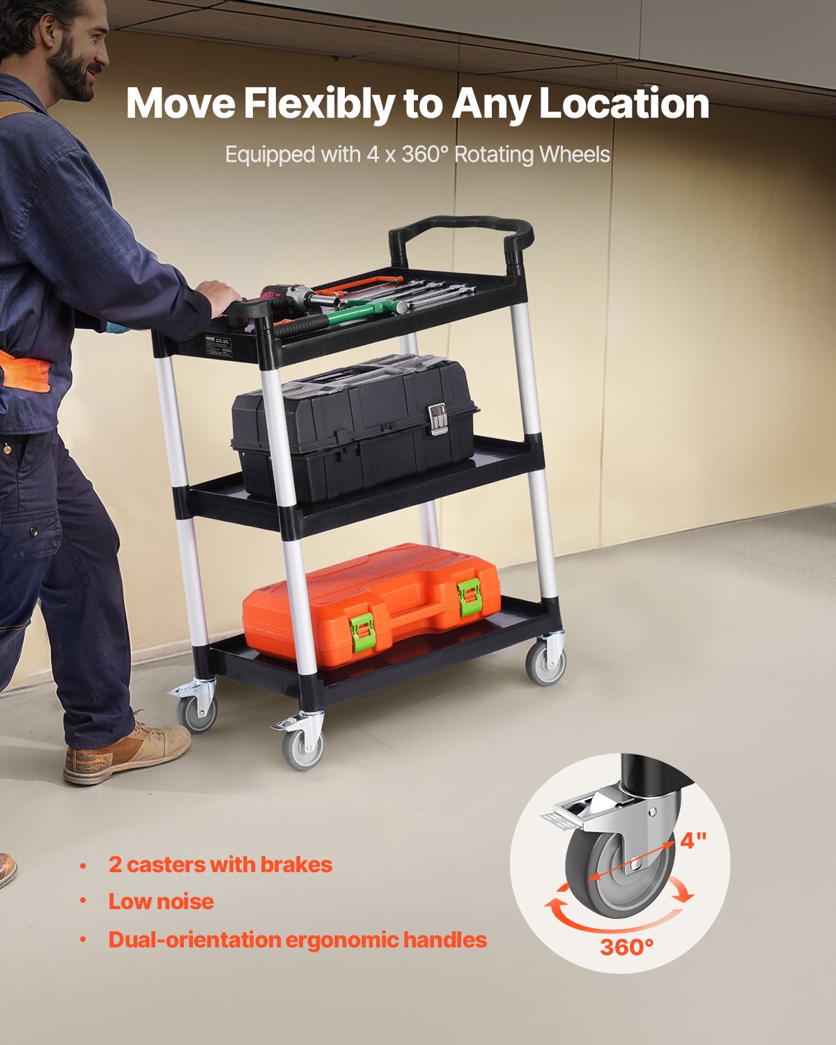 Heavy Duty Utility Cart 300 Lb Capacity 3-Tier Service Cart with Wheels - Black