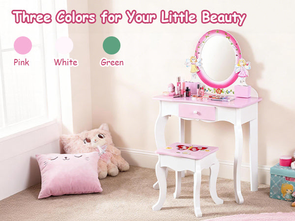 Kids Vanity Set Floral Printed Wooden Makeup Dressing Princess Table