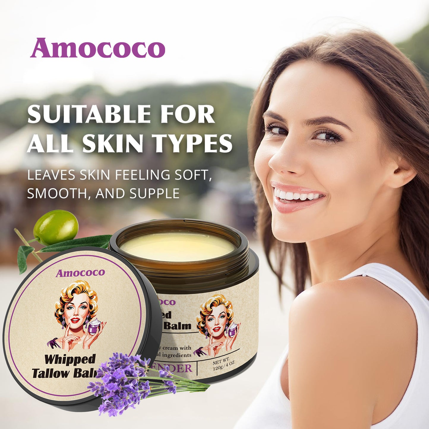 Whipped Tallow Balm - Natural Lavender Moisturizer for Face & Body, 120g