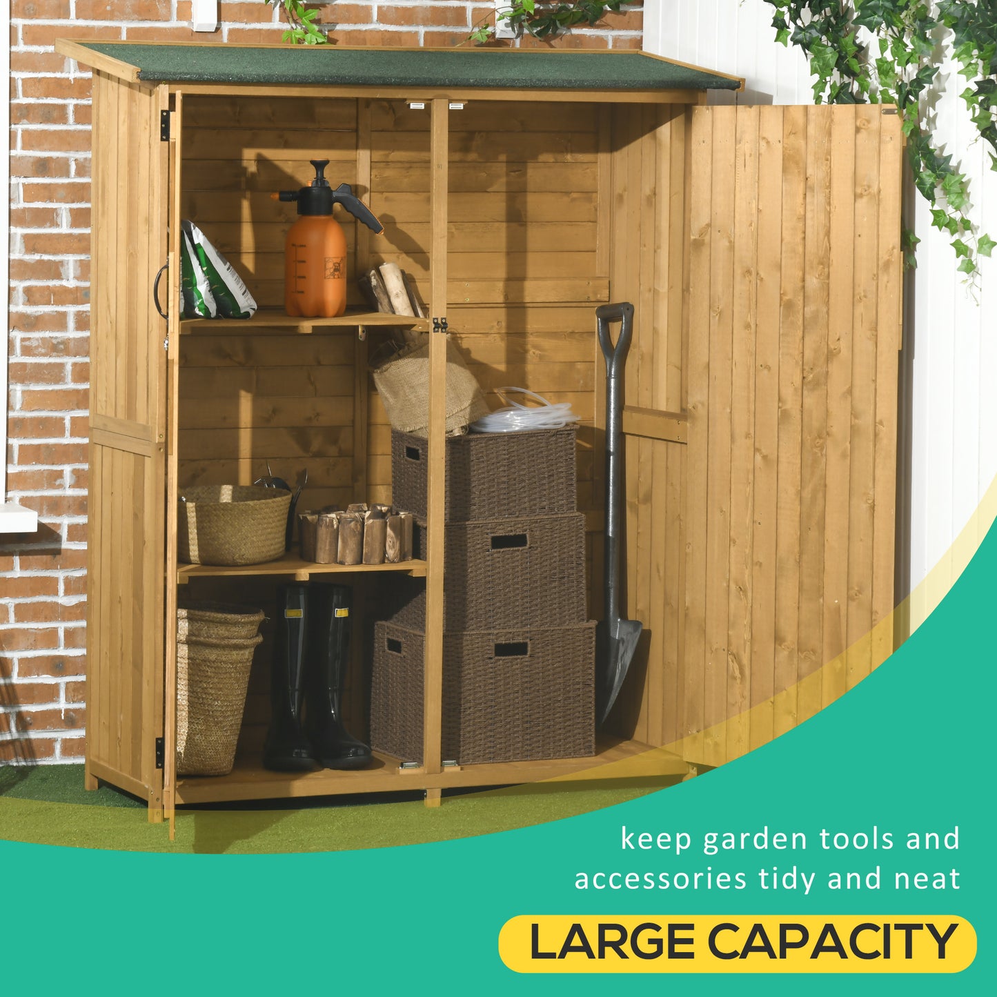 Outdoor Wooden Garden Storage Shed with Waterproof Asphalt Roof - Lockable, 3-Tier Shelves, Natural Finish