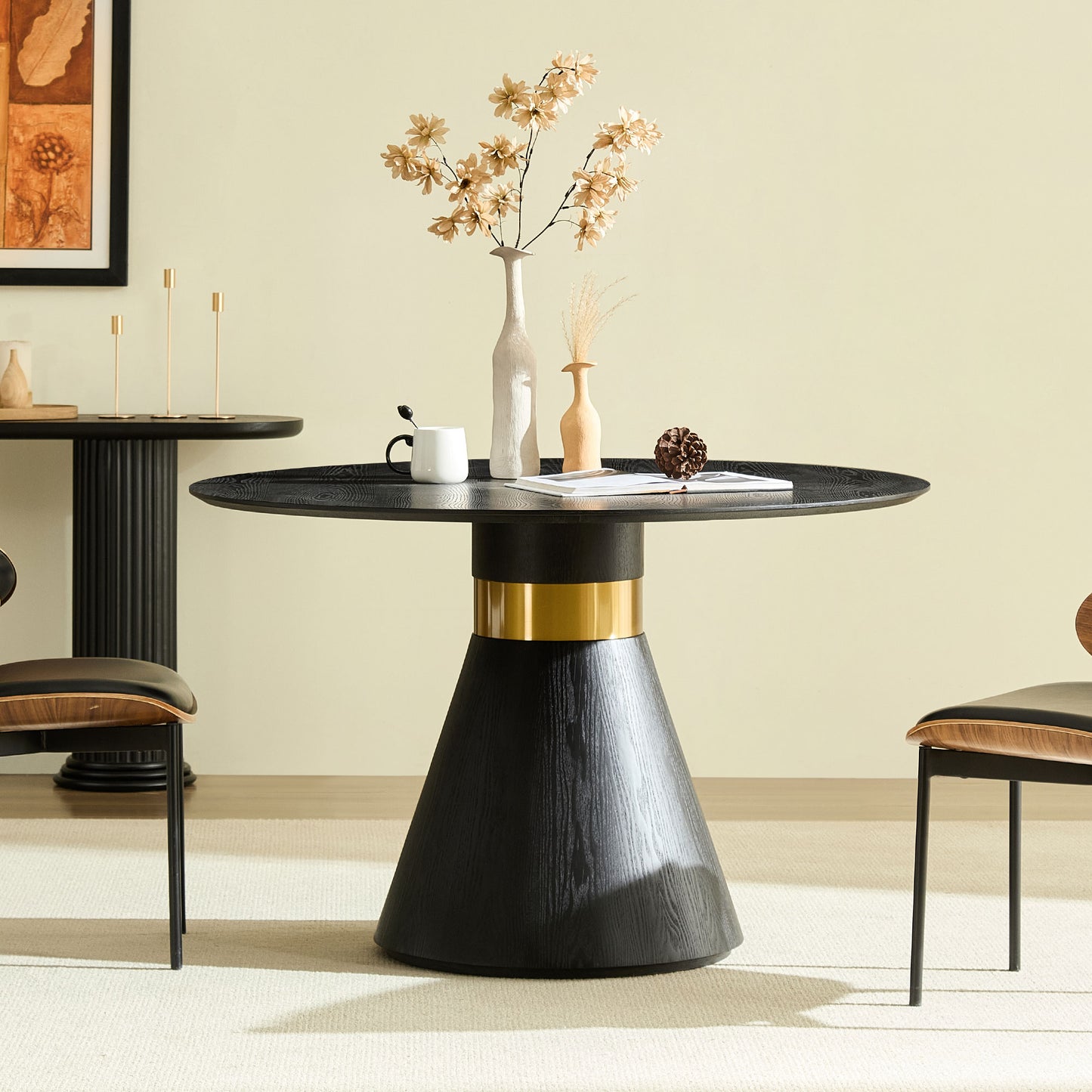 Round Dining Table with Black Pedestal Base & Gold Trim - 47.24"