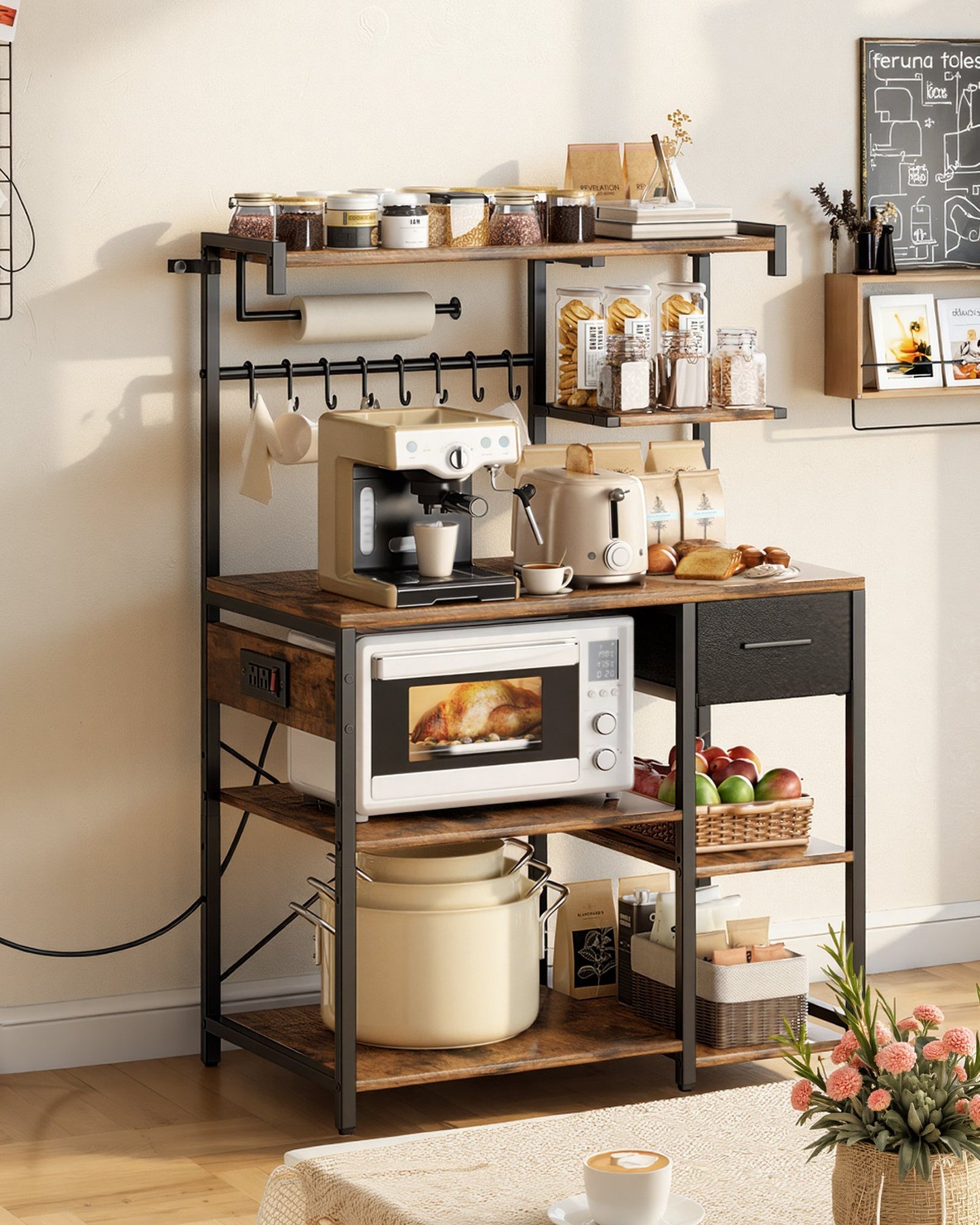 4.6ft Kitchen Bakers Rack with Power Outlet and Hooks - Black