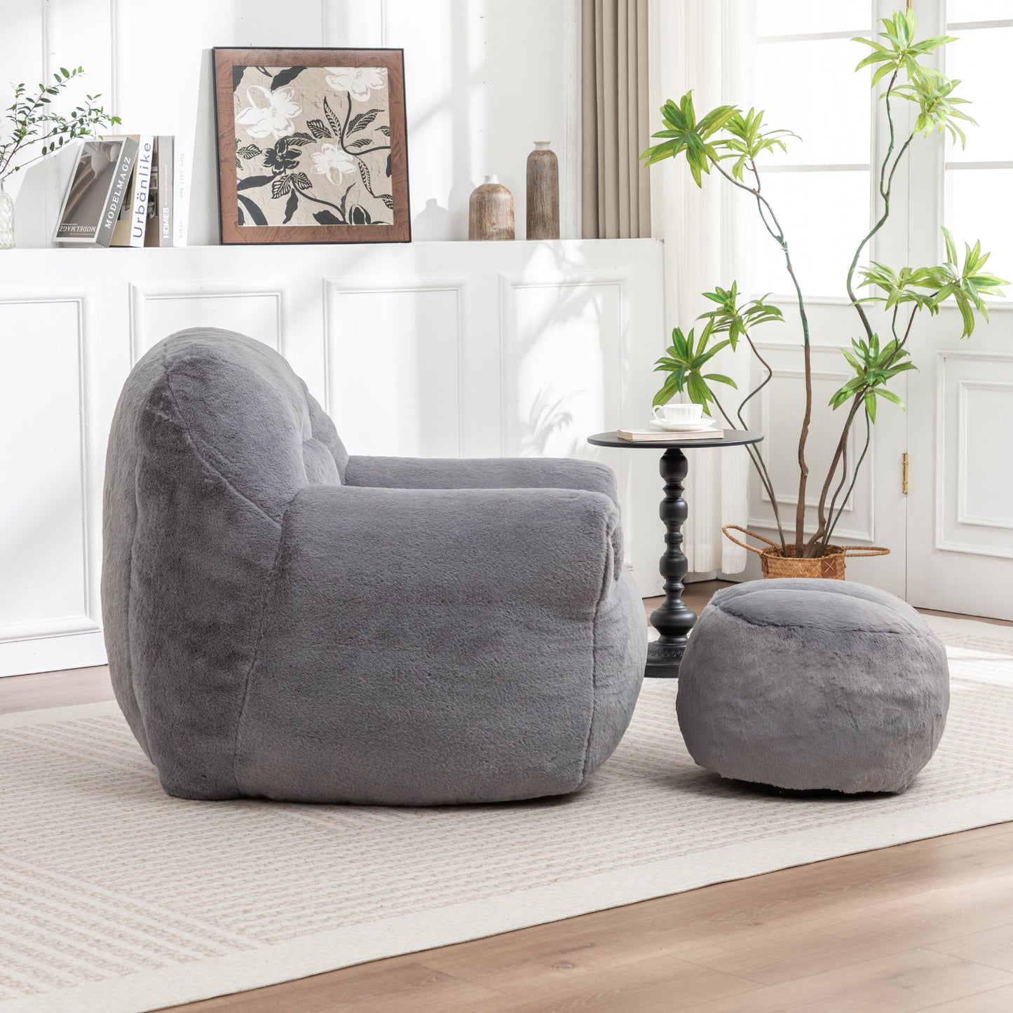 Bean Bag Chair, Comfy Sofa With Back Support, Footstool,Faux Fur