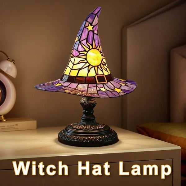Handmade Gothic Witch Hat Night Light - Stained Glass LED Lamp