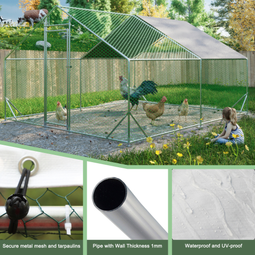 Large Metal Chicken Coop with Walk-In Run, PVC Coated Wire Mesh, Waterproof Cover
