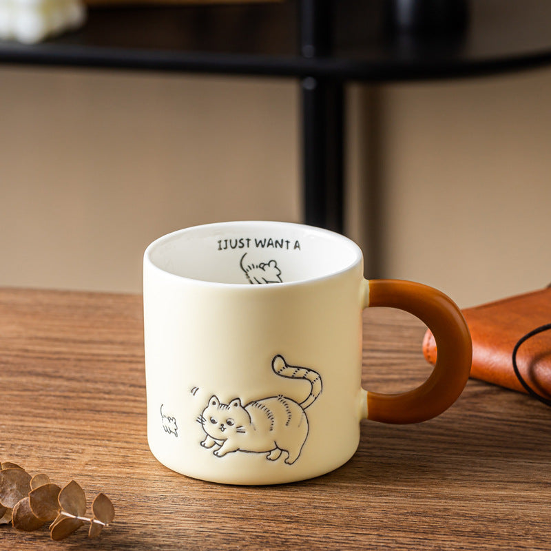 Cute Hand Painted Ceramic Cat Mug with Lid and Spoon - 380ml