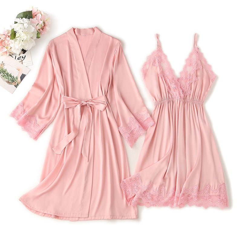 Women's Silk Pajamas Set with Lace - Summer Spring Sleepwear for Women