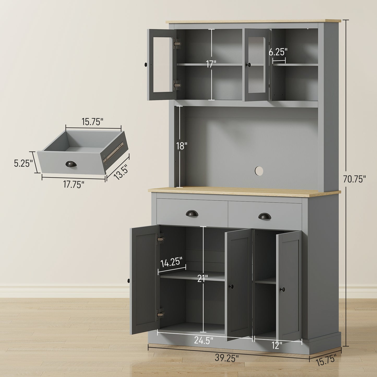 71" Tall Freestanding Kitchen Cabinet with Adjustable Shelves - Gray