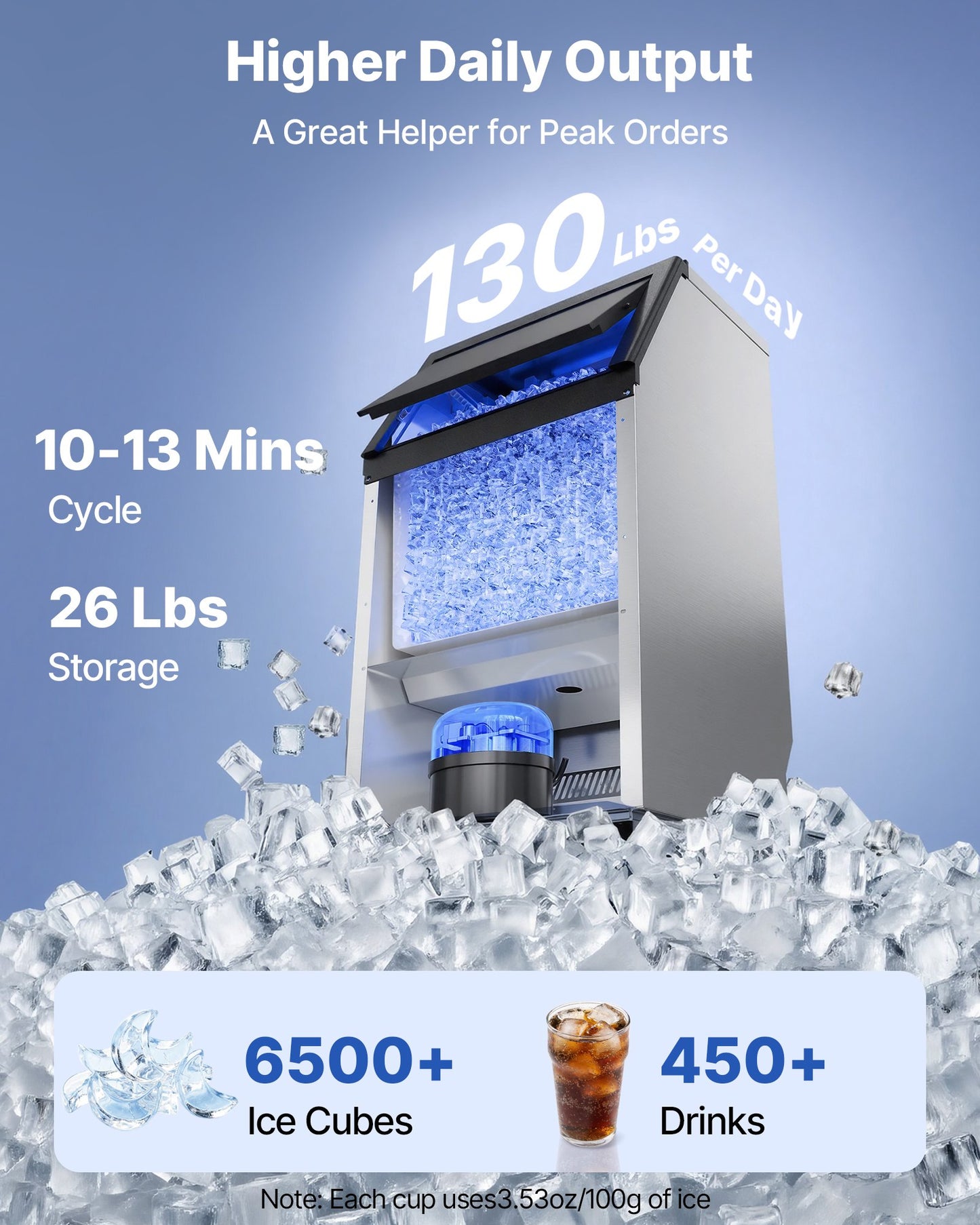 Commercial Ice Maker Machine 100 Lbs/24h with 26 Lb Storage - Stainless Steel, Built-in & Freestanding