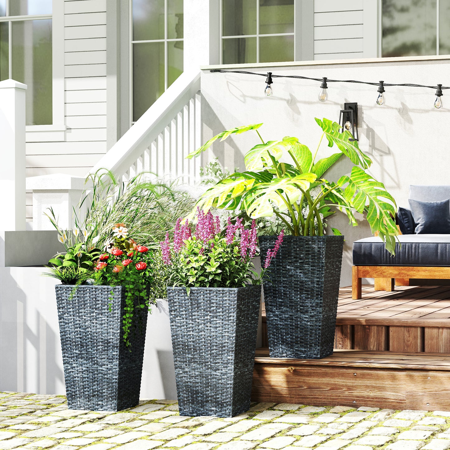 Set of 3 Tall Outdoor Plant Planters 24 Inch Taper with Drainage Holes Gray