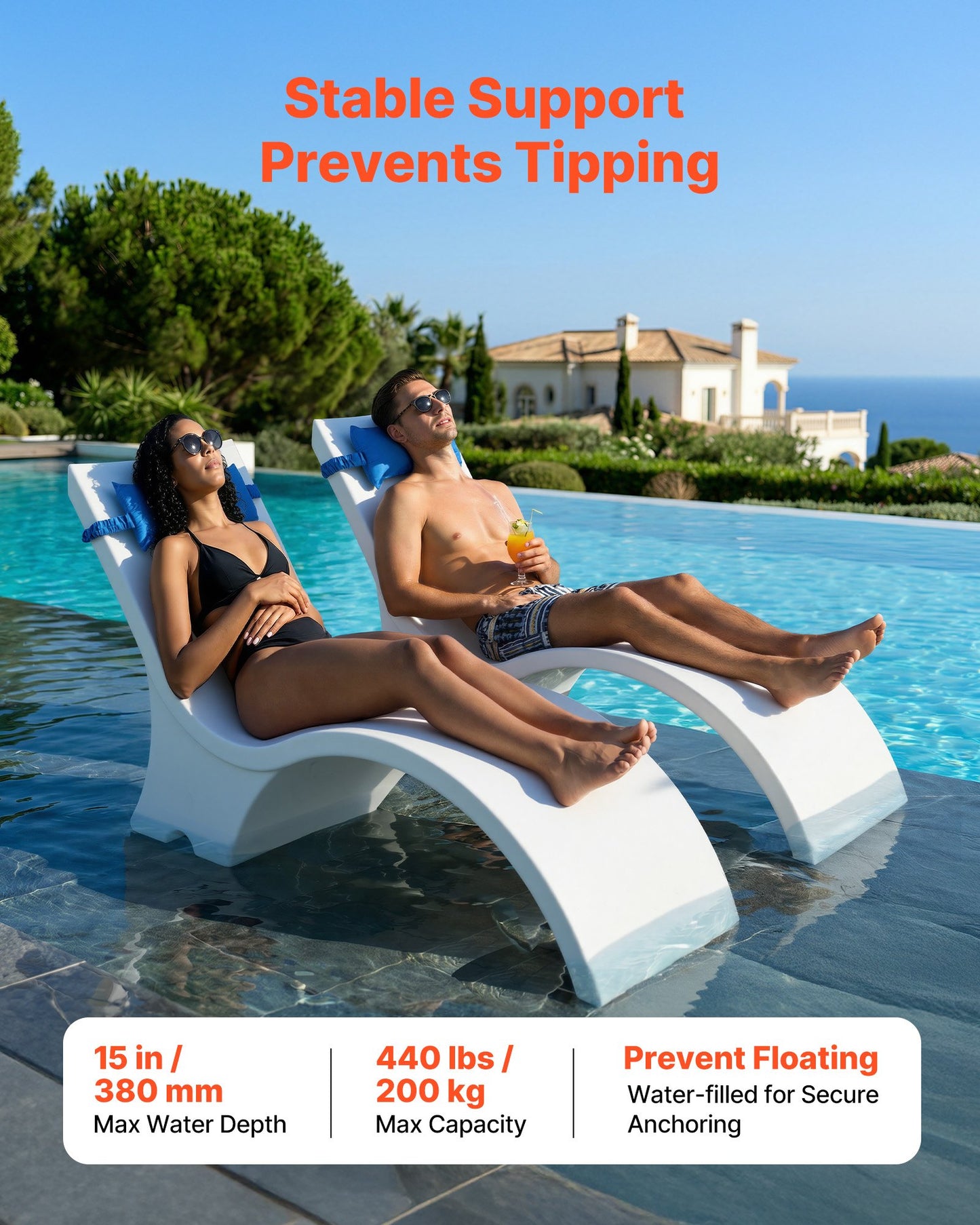 Water Weighted Pool Lounge Chairs Set of 2 with Headrest for Sun Shelf & Tanning Ledge
