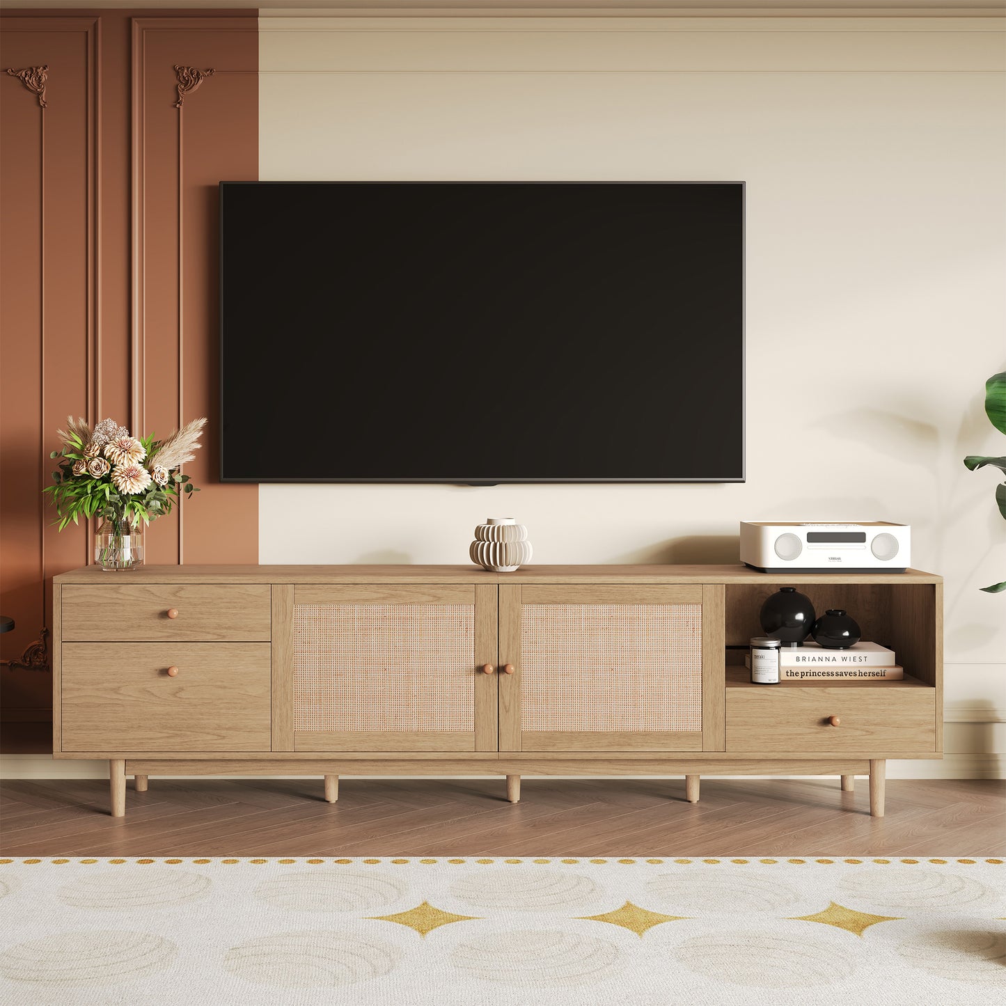 Boho TV Stand for 65-85 Inch TVs - Modern Wood Media Console with Rattan
