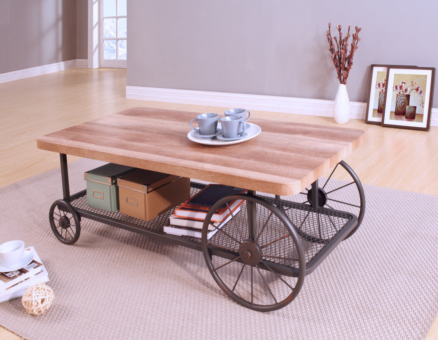 Oak & Antique Gray Coffee Table - Metal & Wood Design
