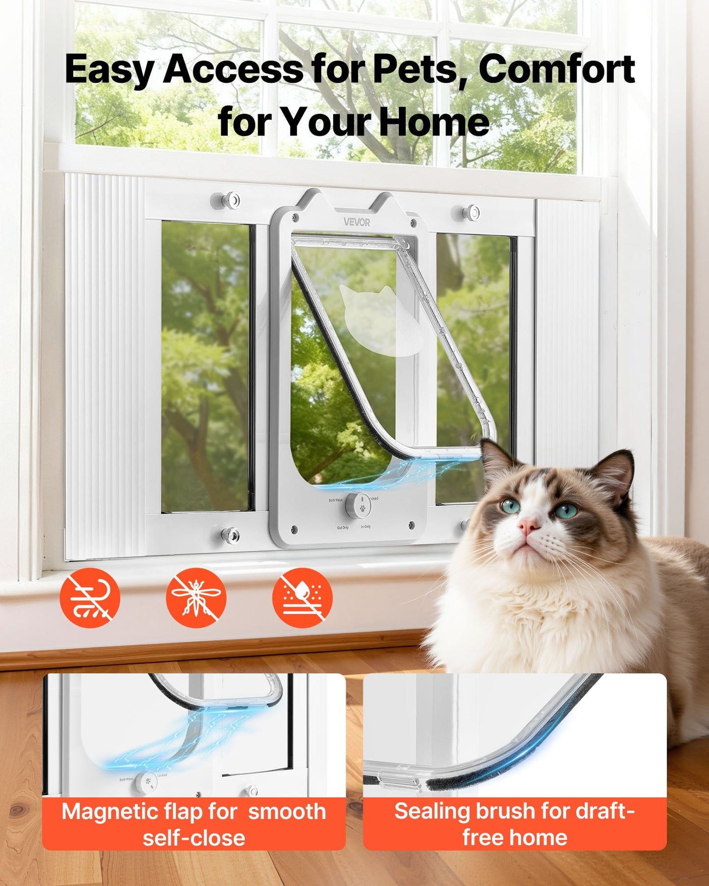 Adjustable Pet Window Door with Magnetic Closure - Weatherproof Aluminum Frame, 27-32 Inches Fit, 4 Lock Modes, White