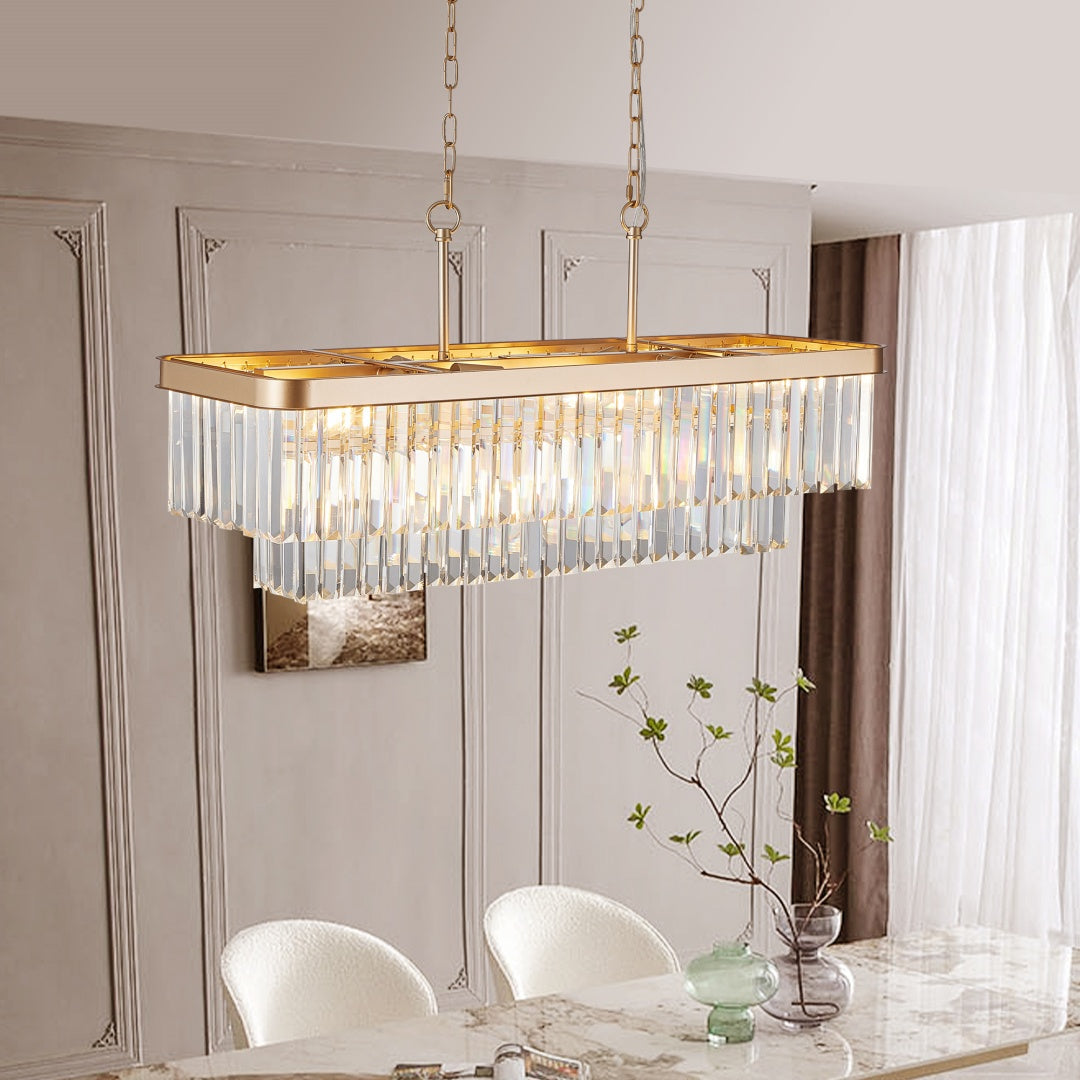 Modern Crystal Chandelier - Adjustable Rectangular Design, Gold