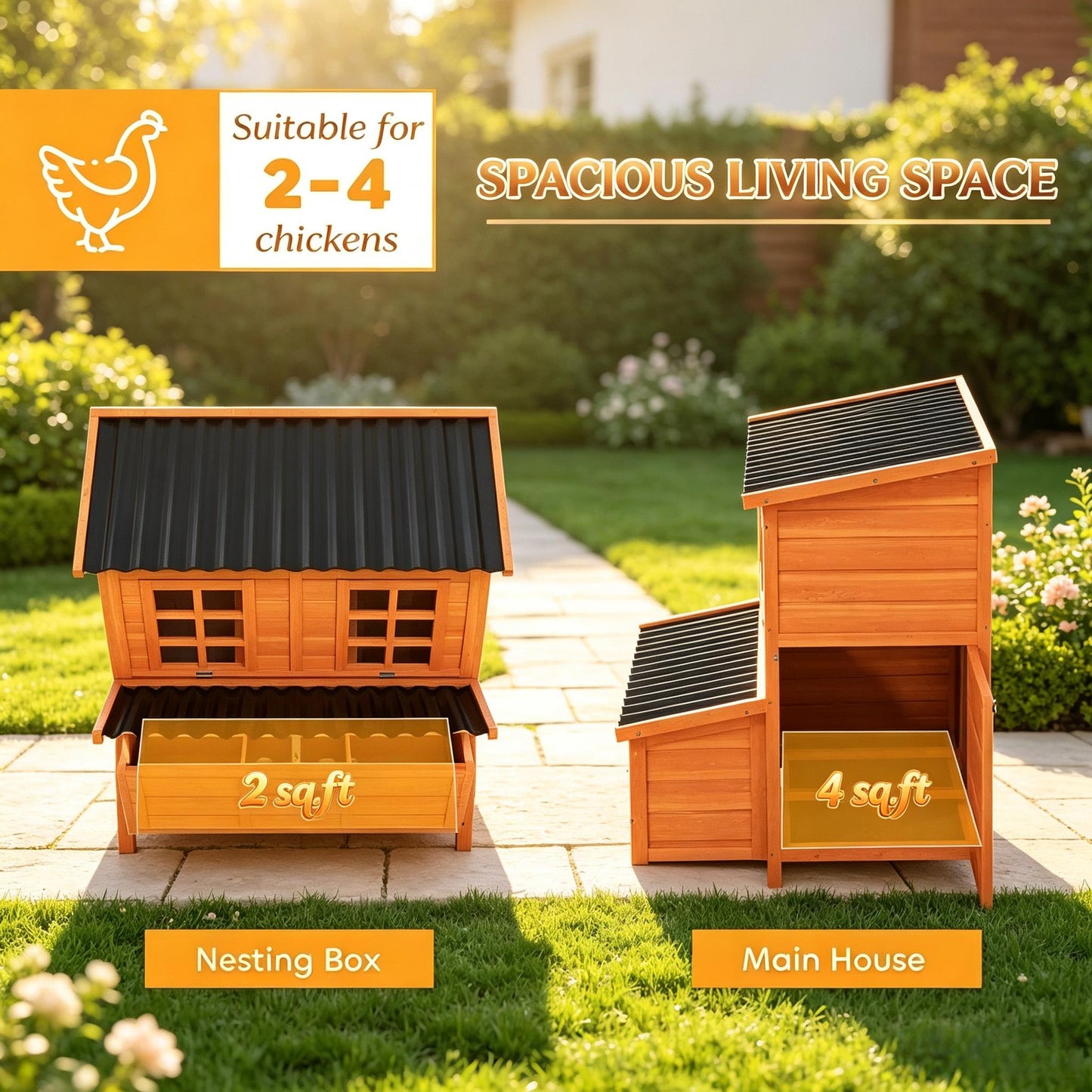 Wooden Chicken Coop with Nesting Box & Pull-Out Tray - Orange