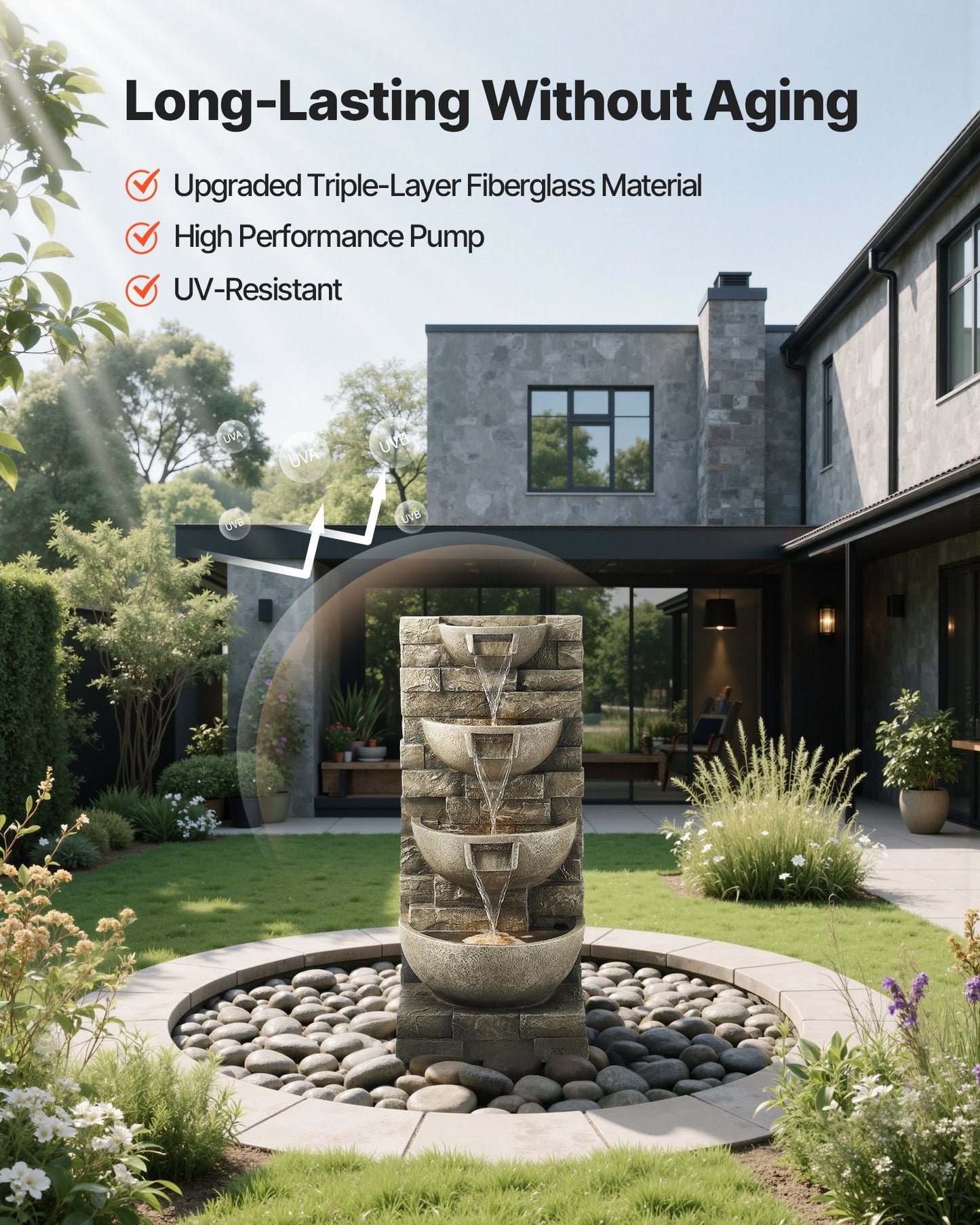 Outdoor 4-Tier Water Fountain Garden Decor - 35.6 Inch Stack Style, Grey