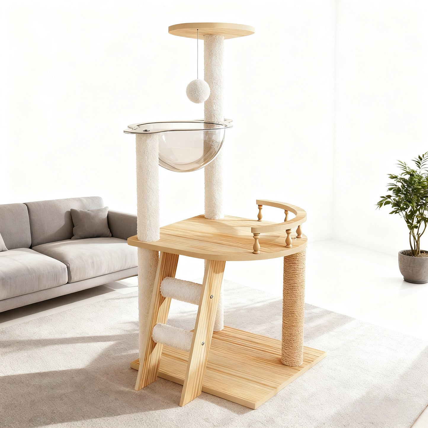 Modern Wooden Cat Tower with Sisal Posts & Top Perch - 41.3 Inches