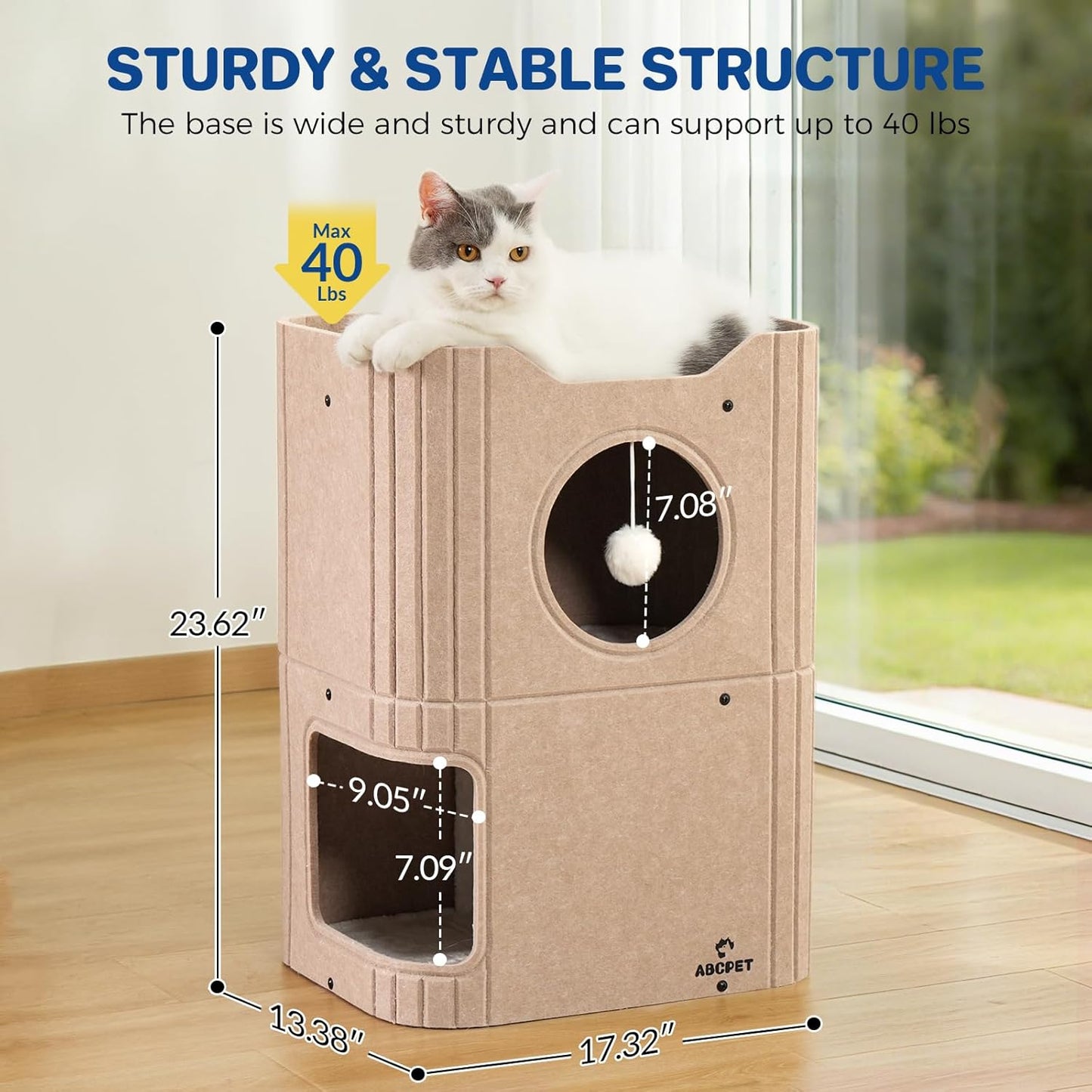 Indoor Felt Cat House with Scratch-Resistant Cube & Hanging Ball - Light Gray