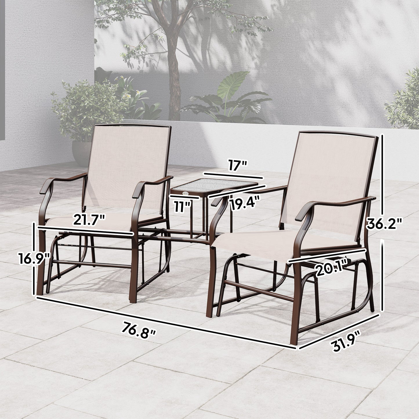 Outdoor Glider Chair Swing Loveseat with Coffee Table - Beige