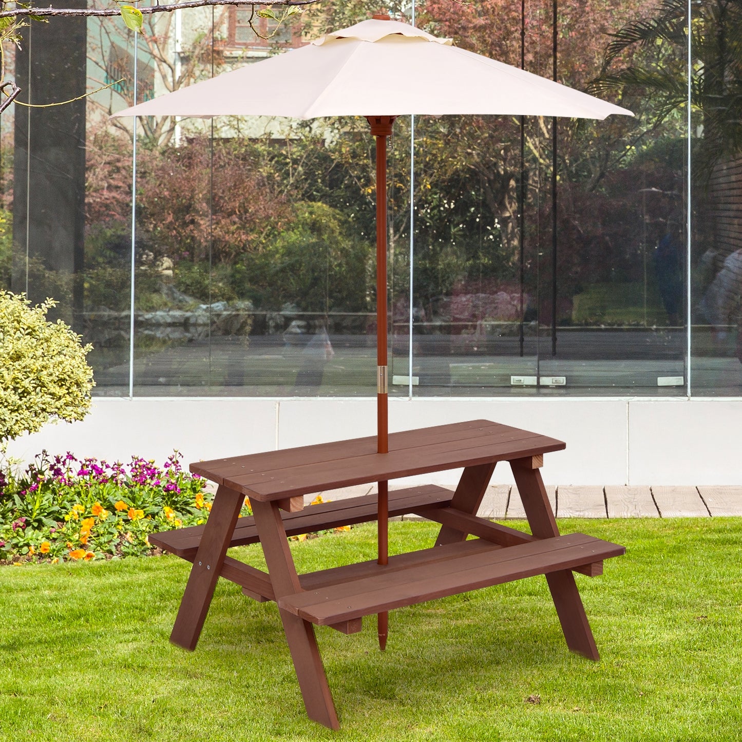 Outdoor 4-Seat Picnic Table with Detachable Umbrella