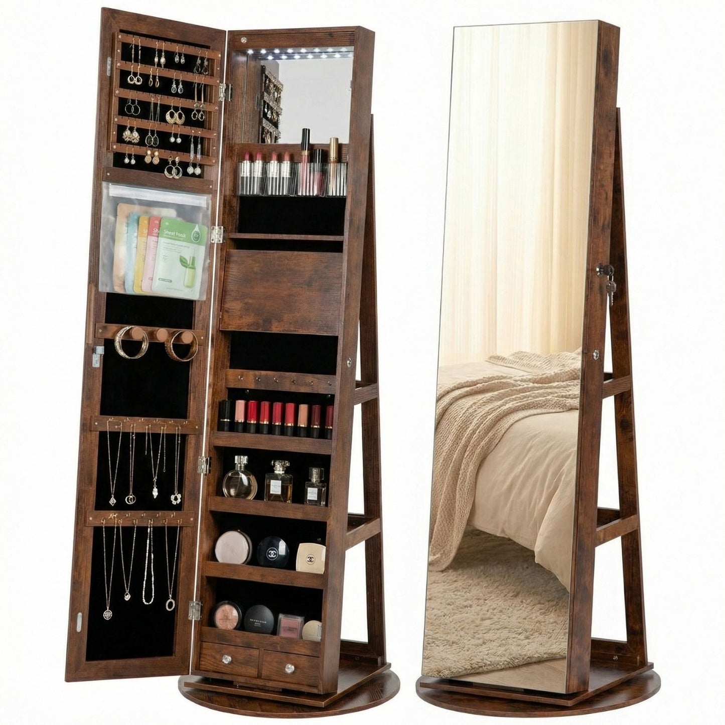 Rotating Jewelry Armoire with Full Length Mirror - Multiple Colors