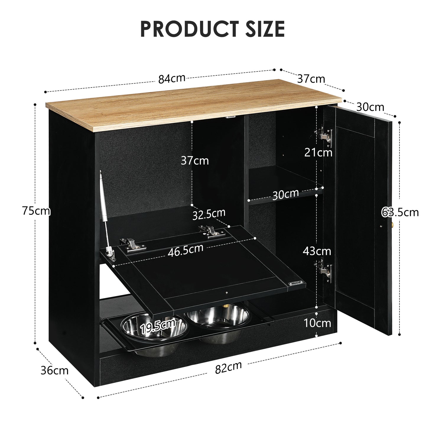 Elevated Pet Feeding Station with 2 Lockers & Side Hooks - Black+Vintage