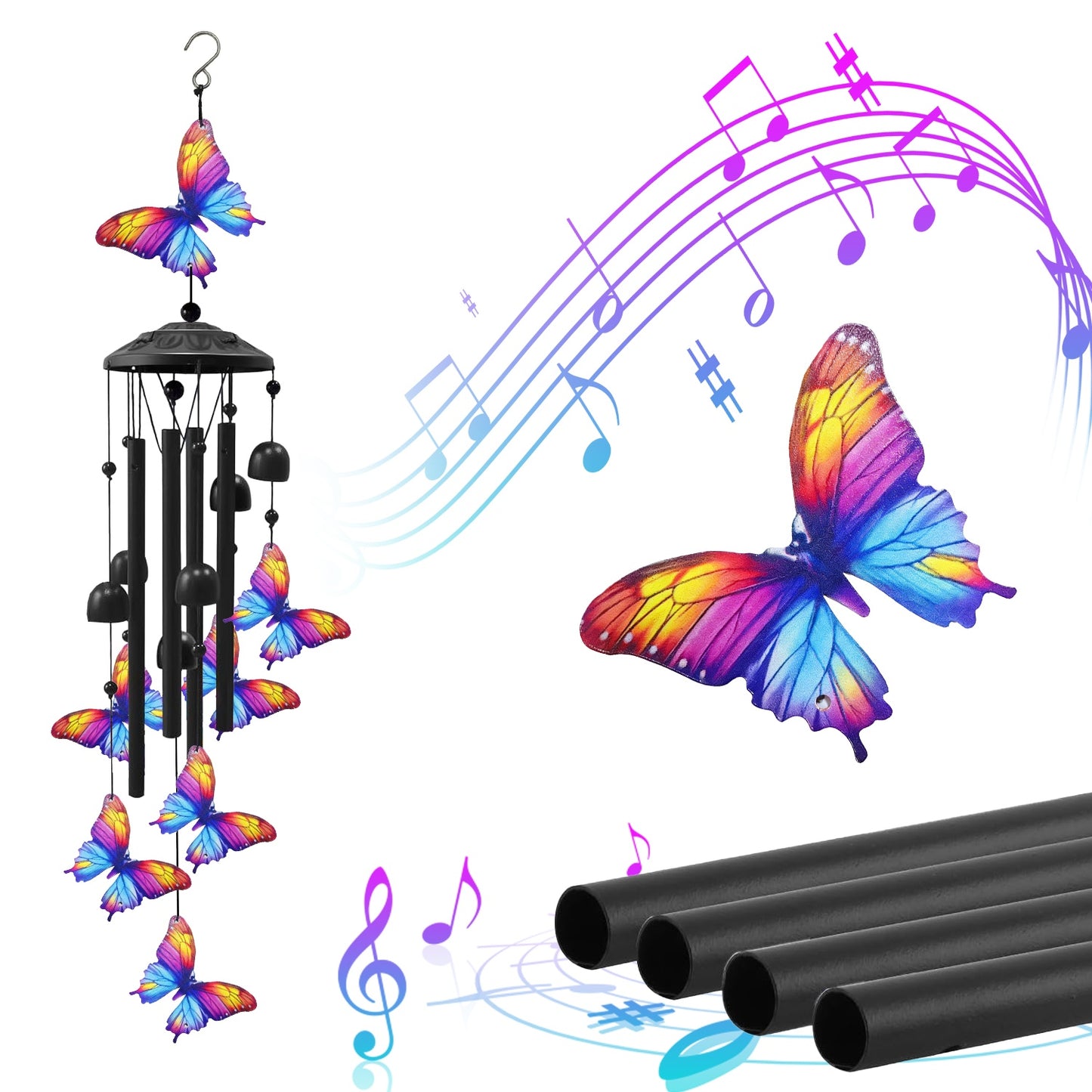 Outdoor Metal Wind Chimes with Aluminum Tubes for Garden Yard Patio Decor - Butterfly & Hummingbird Variants