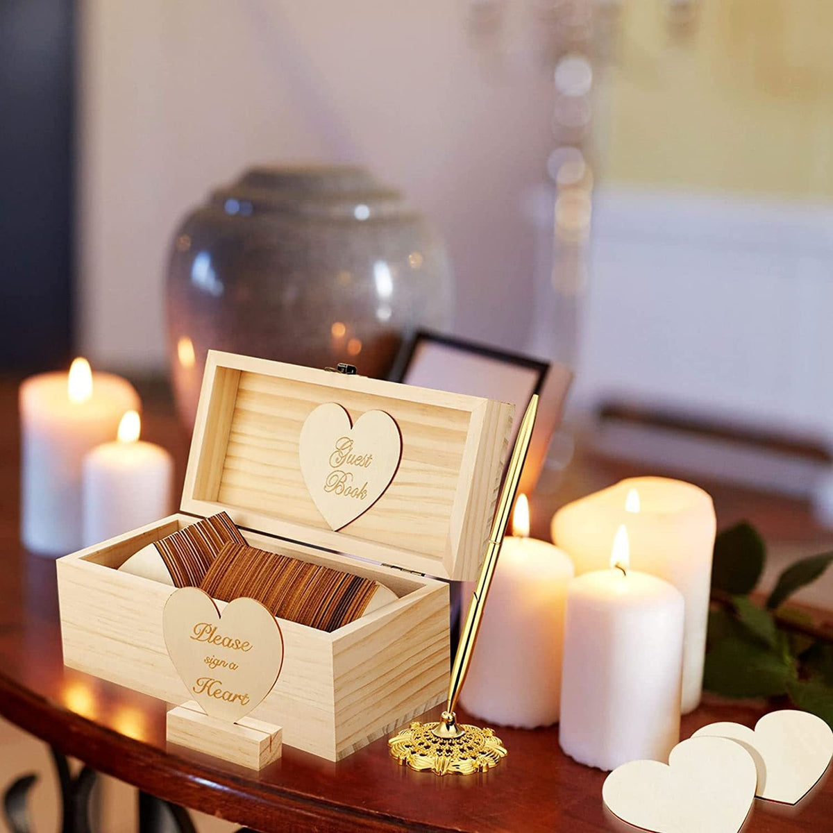 Rustic Wooden Heart Guest Book Set for Weddings & Events with Pen - Natural & Coffee Brown Options